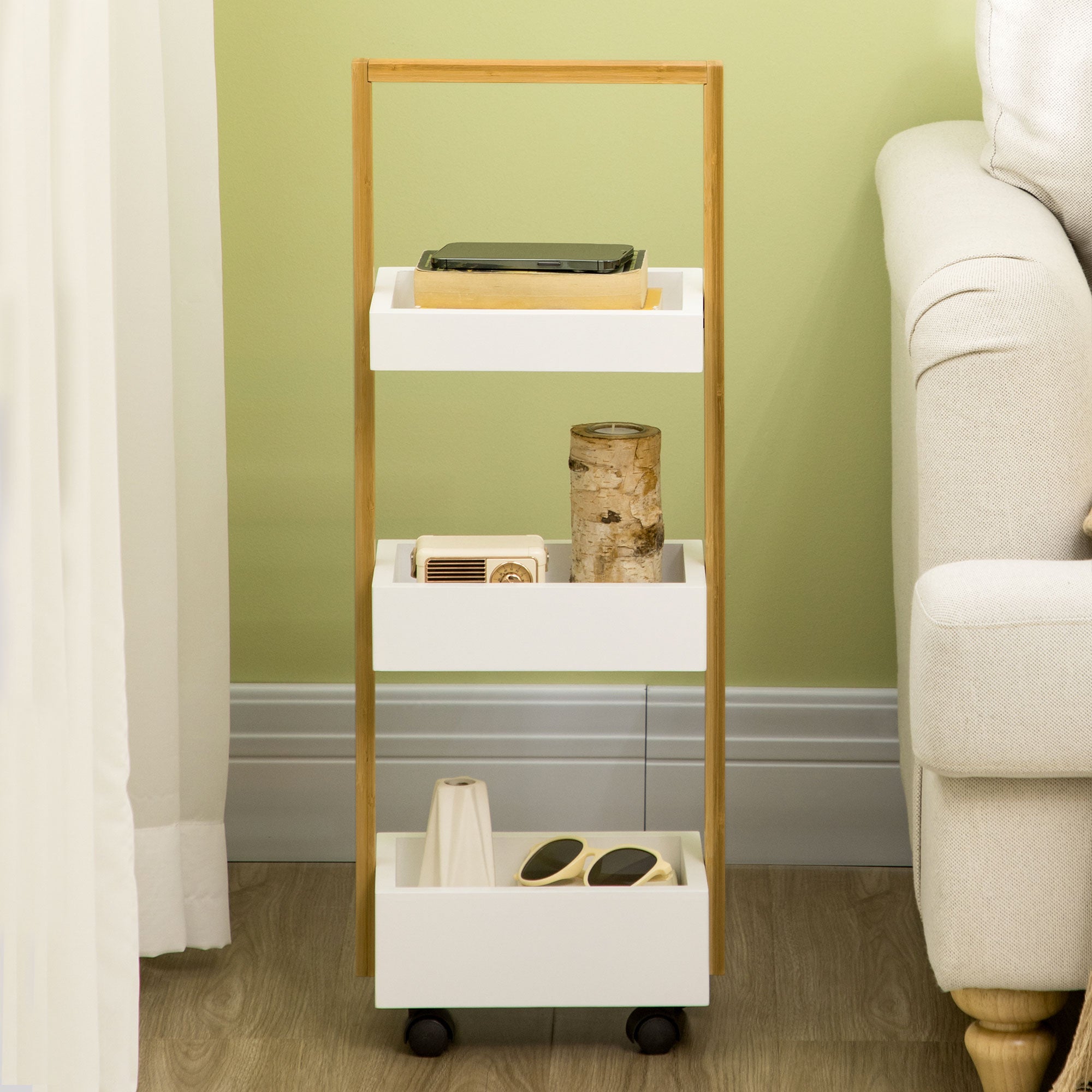 Bamboo Storage Cart Utility Cart with Wheels Kitchen Cart with 3 Baskets and Handle for Living Room Bathroom 28x18x75 cm White and Natural