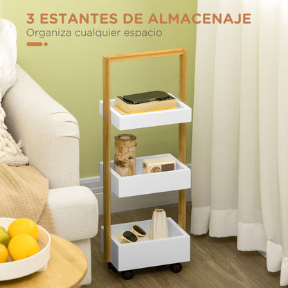 Bamboo Storage Cart Utility Cart with Wheels Kitchen Cart with 3 Baskets and Handle for Living Room Bathroom 28x18x75 cm White and Natural