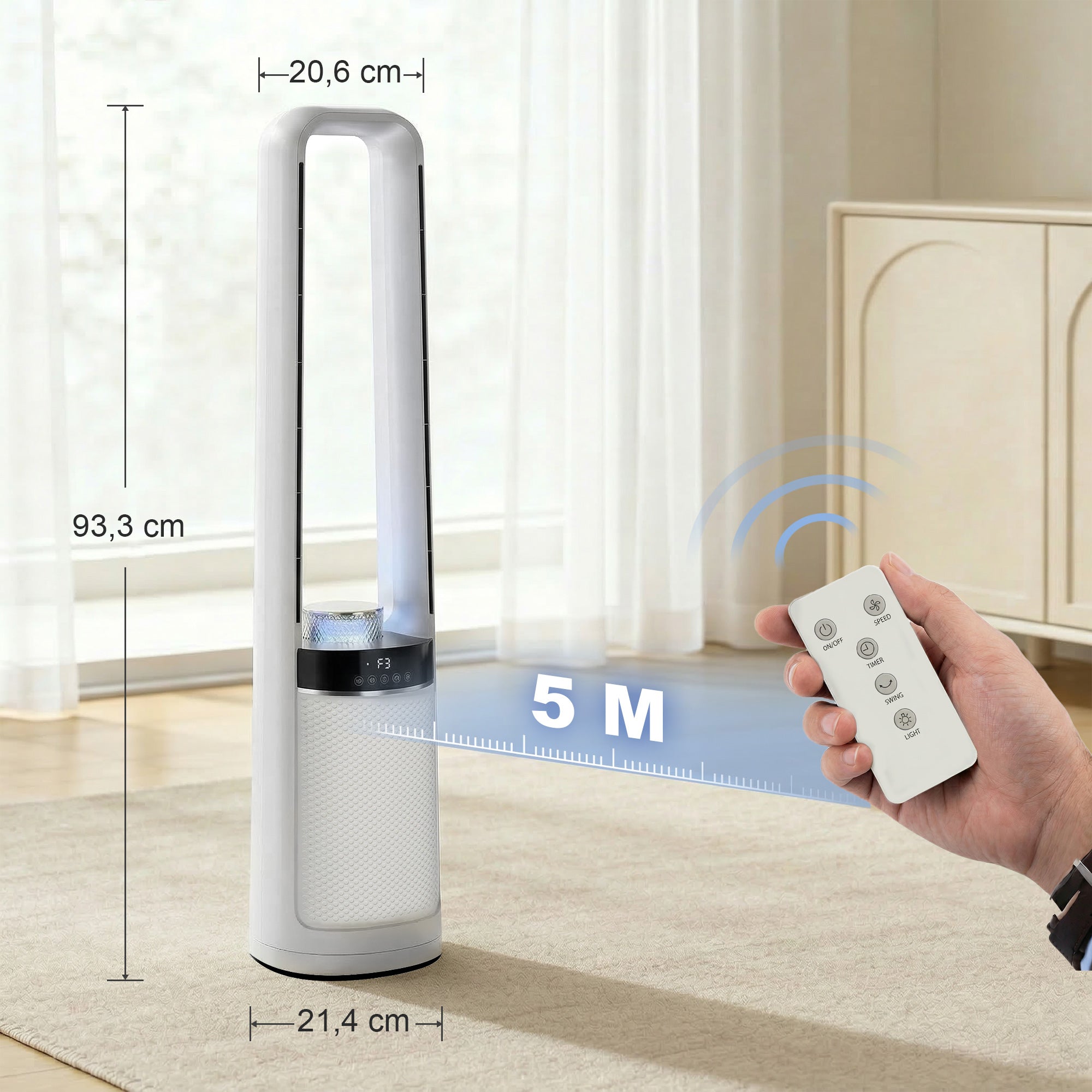 Ultra-Quiet Tower Fan — 36 dB, 36.7 in, 45° Oscillation, LED Ambient Lights, 3 Speeds, 12H Timer, Remote — White