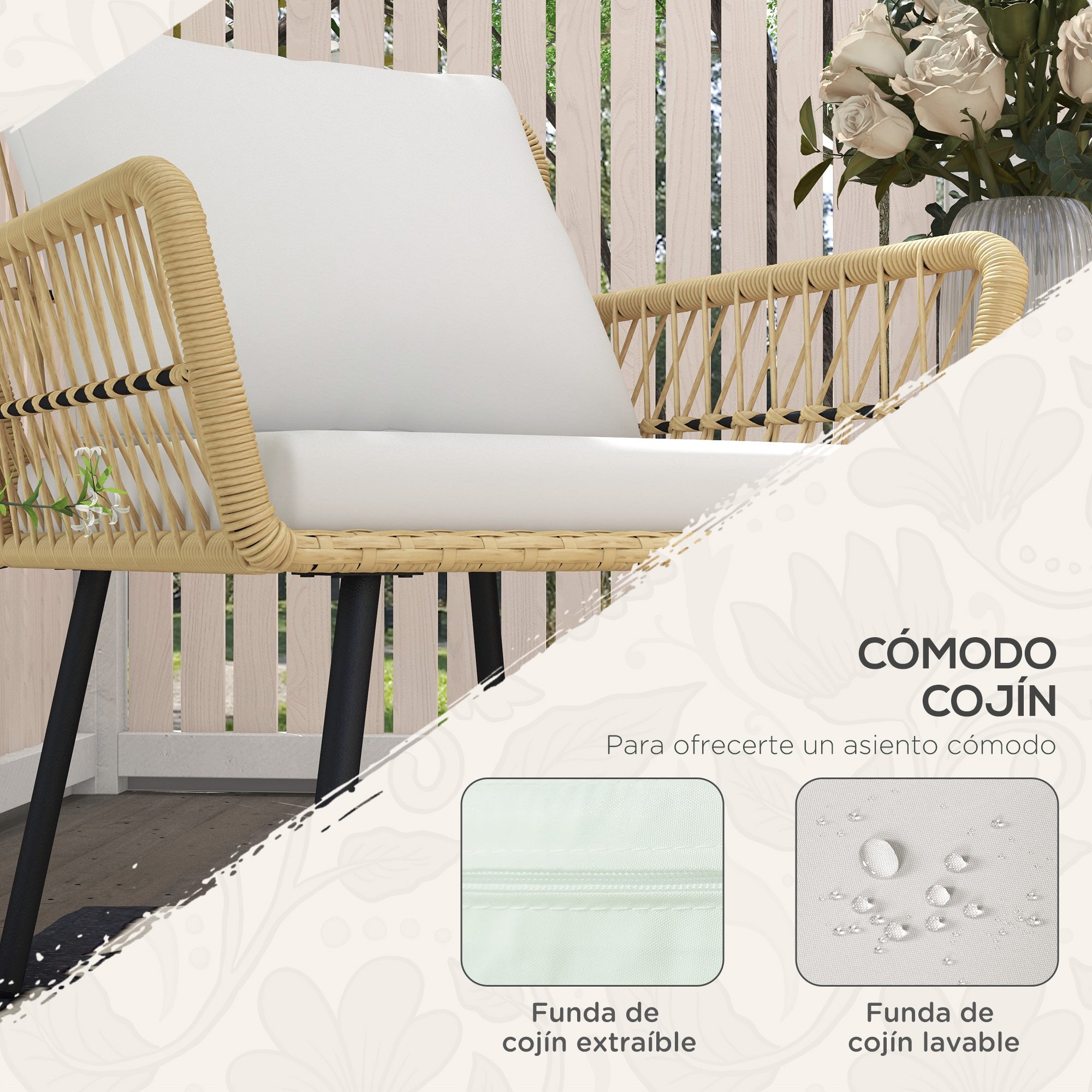3-Piece Garden Furniture Set with 2 Chairs, 1 Round Center Table, and Cushions for Terrace Lawn Balcony Natural Wood
