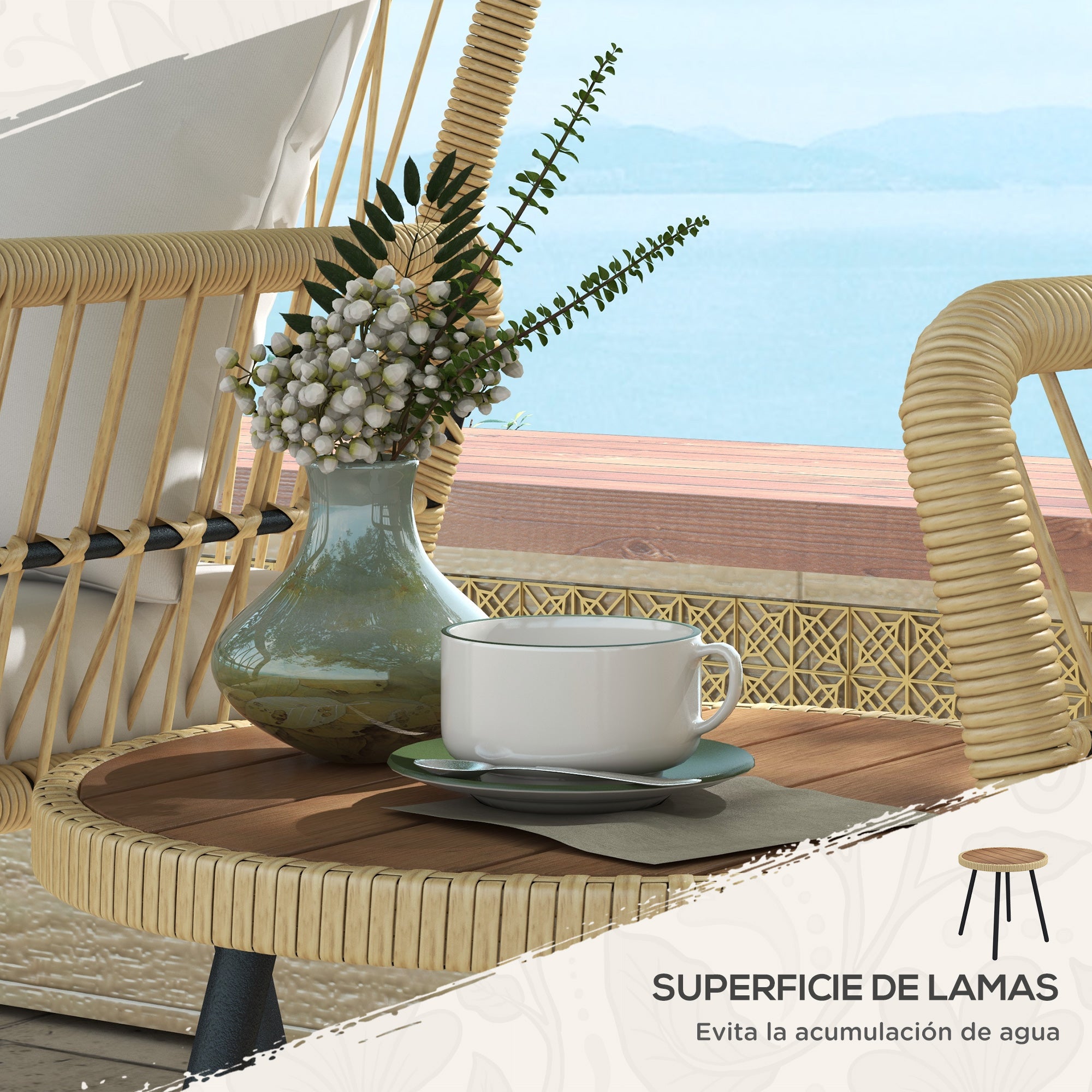 3-Piece Garden Furniture Set with 2 Chairs, 1 Round Center Table, and Cushions for Terrace Lawn Balcony Natural Wood