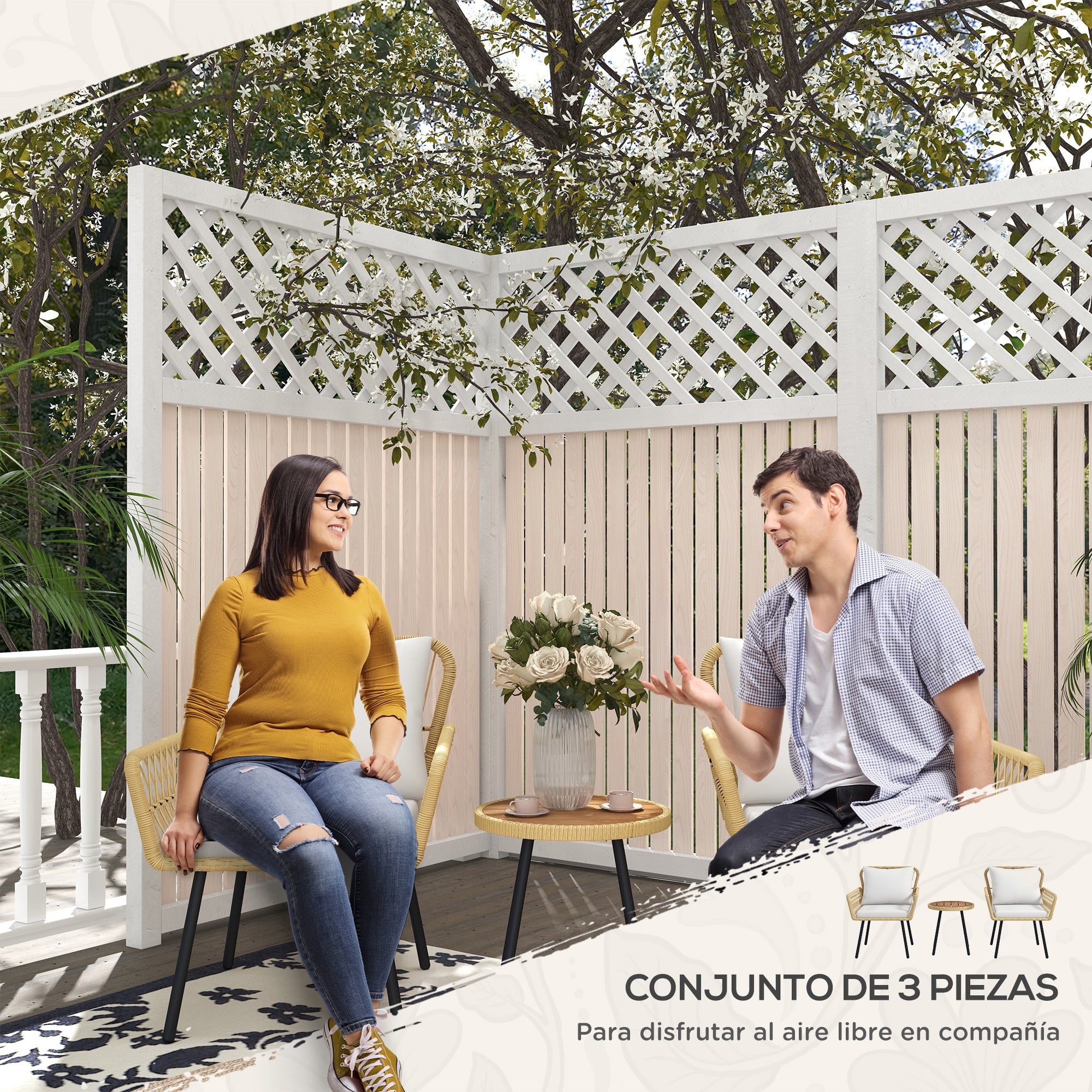 3-Piece Garden Furniture Set with 2 Chairs, 1 Round Center Table, and Cushions for Terrace Lawn Balcony Natural Wood
