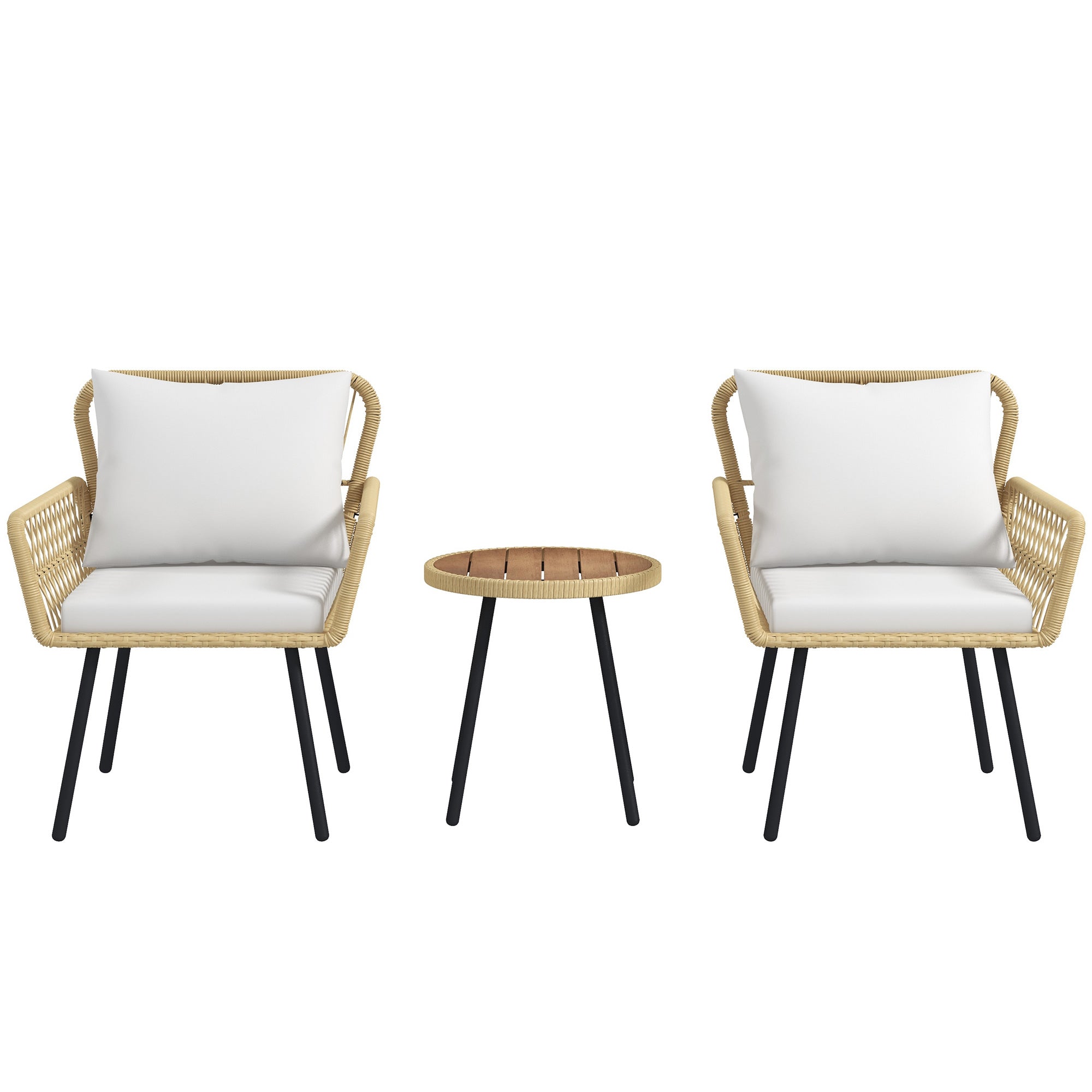 3-Piece Garden Furniture Set with 2 Chairs, 1 Round Center Table, and Cushions for Terrace Lawn Balcony Natural Wood