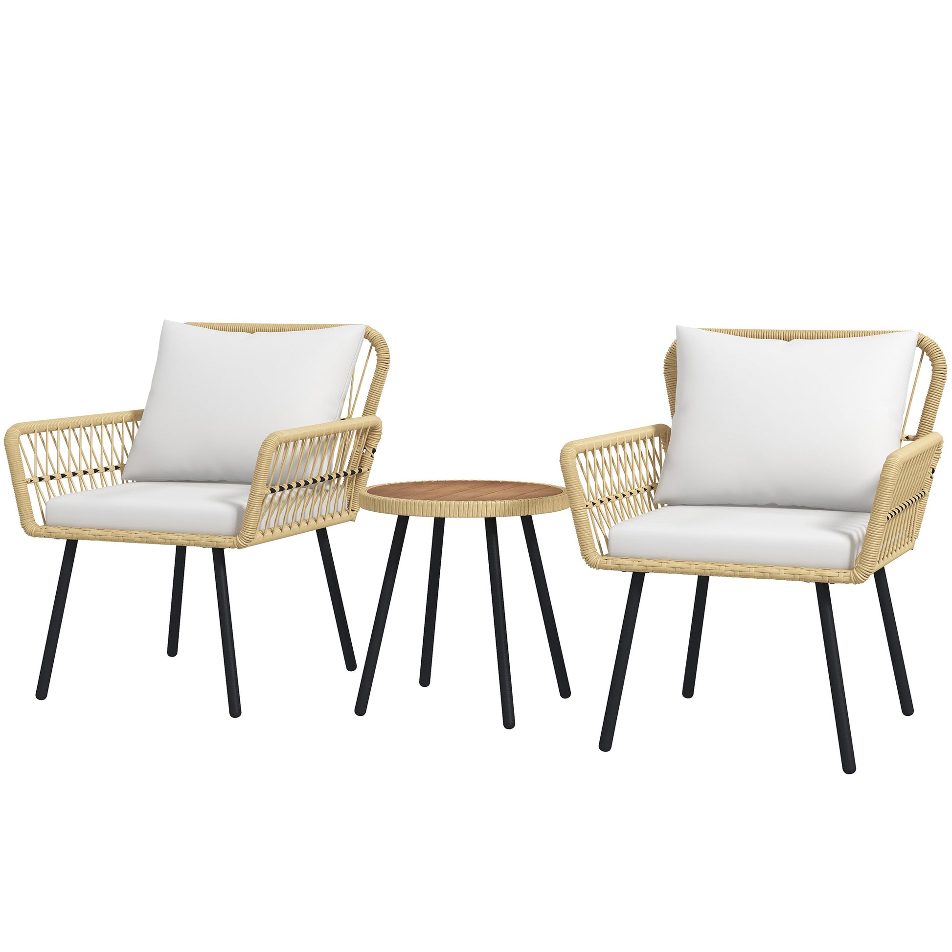 3-Piece Garden Furniture Set with 2 Chairs, 1 Round Center Table, and Cushions for Terrace Lawn Balcony Natural Wood