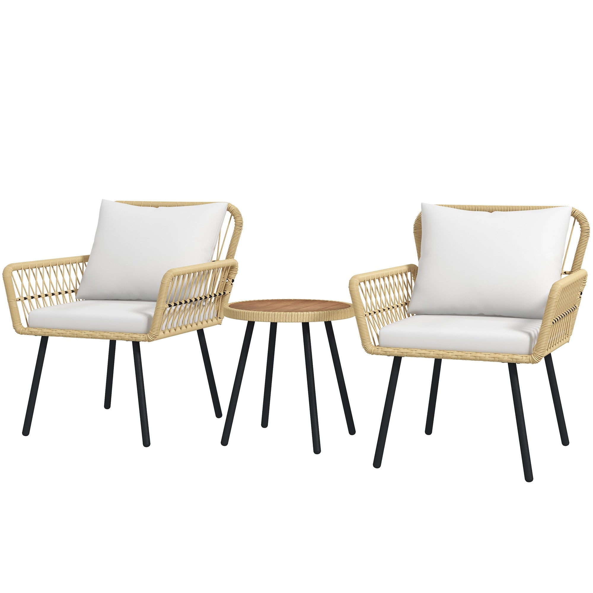3-Piece Garden Furniture Set with 2 Chairs, 1 Round Center Table, and Cushions for Terrace Lawn Balcony Natural Wood