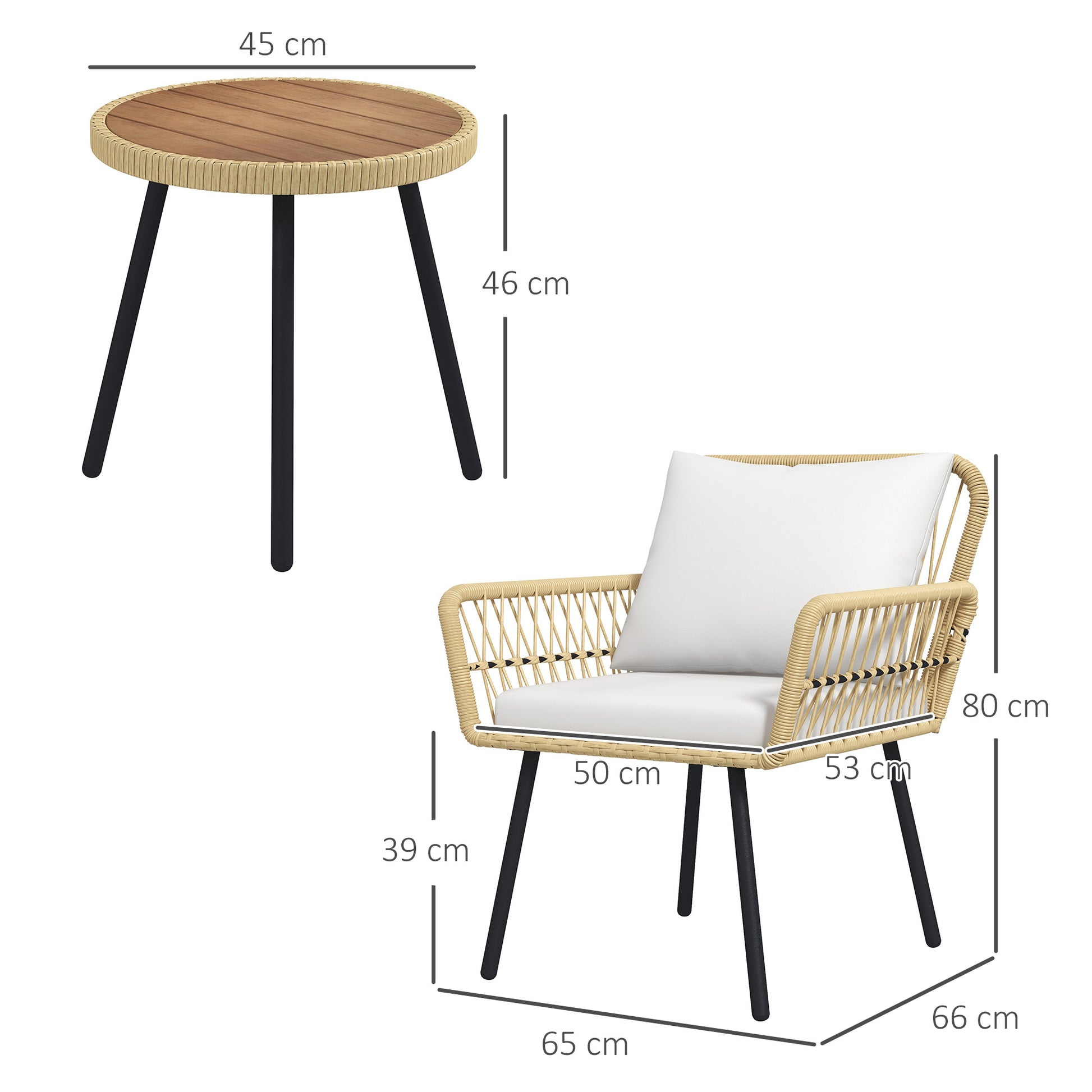 3-Piece Garden Furniture Set with 2 Chairs, 1 Round Center Table, and Cushions for Terrace Lawn Balcony Natural Wood