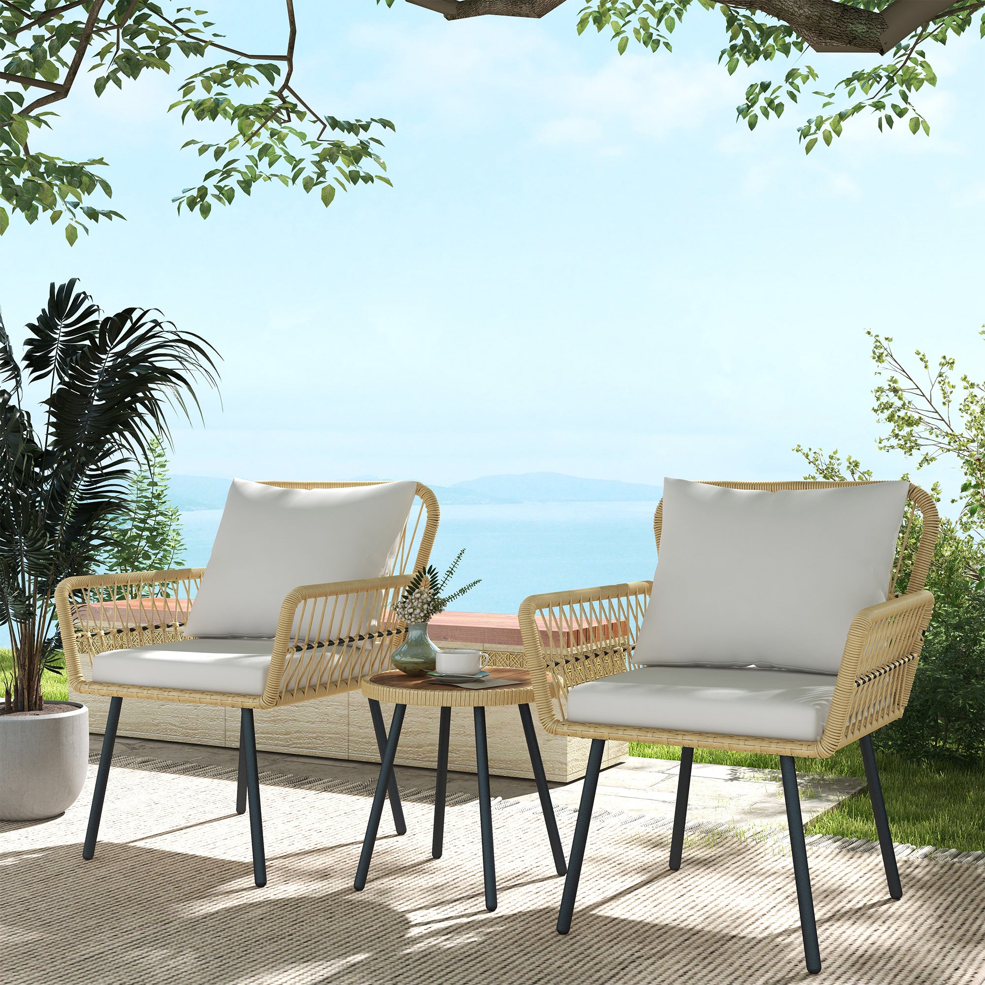 3-Piece Garden Furniture Set with 2 Chairs, 1 Round Center Table, and Cushions for Terrace Lawn Balcony Natural Wood
