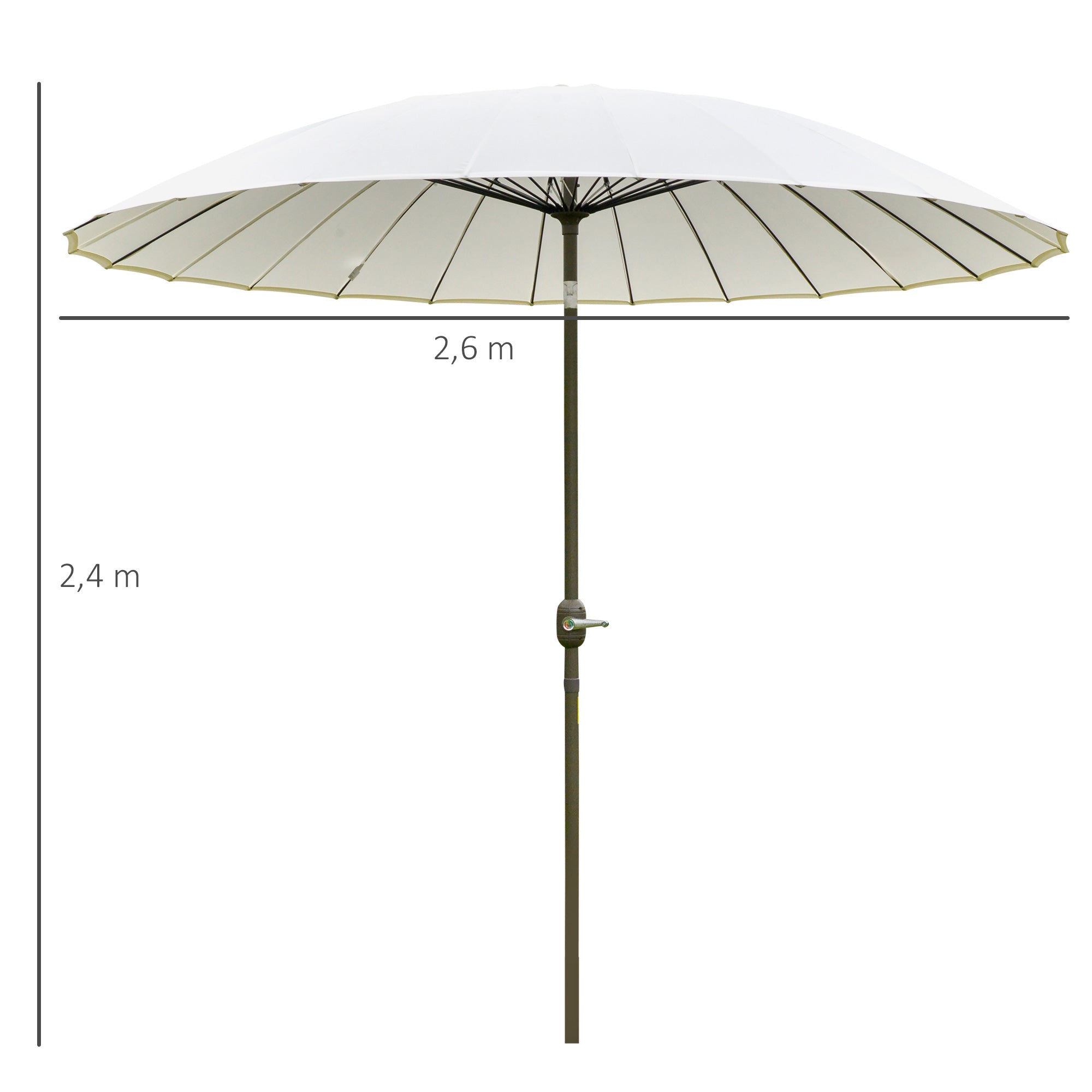 Garden Umbrella Straight Inclinable Round Umbrella with 24 Ribs Crank Aluminum Fiberglass Polyester Diameter 2.60m Cream Color