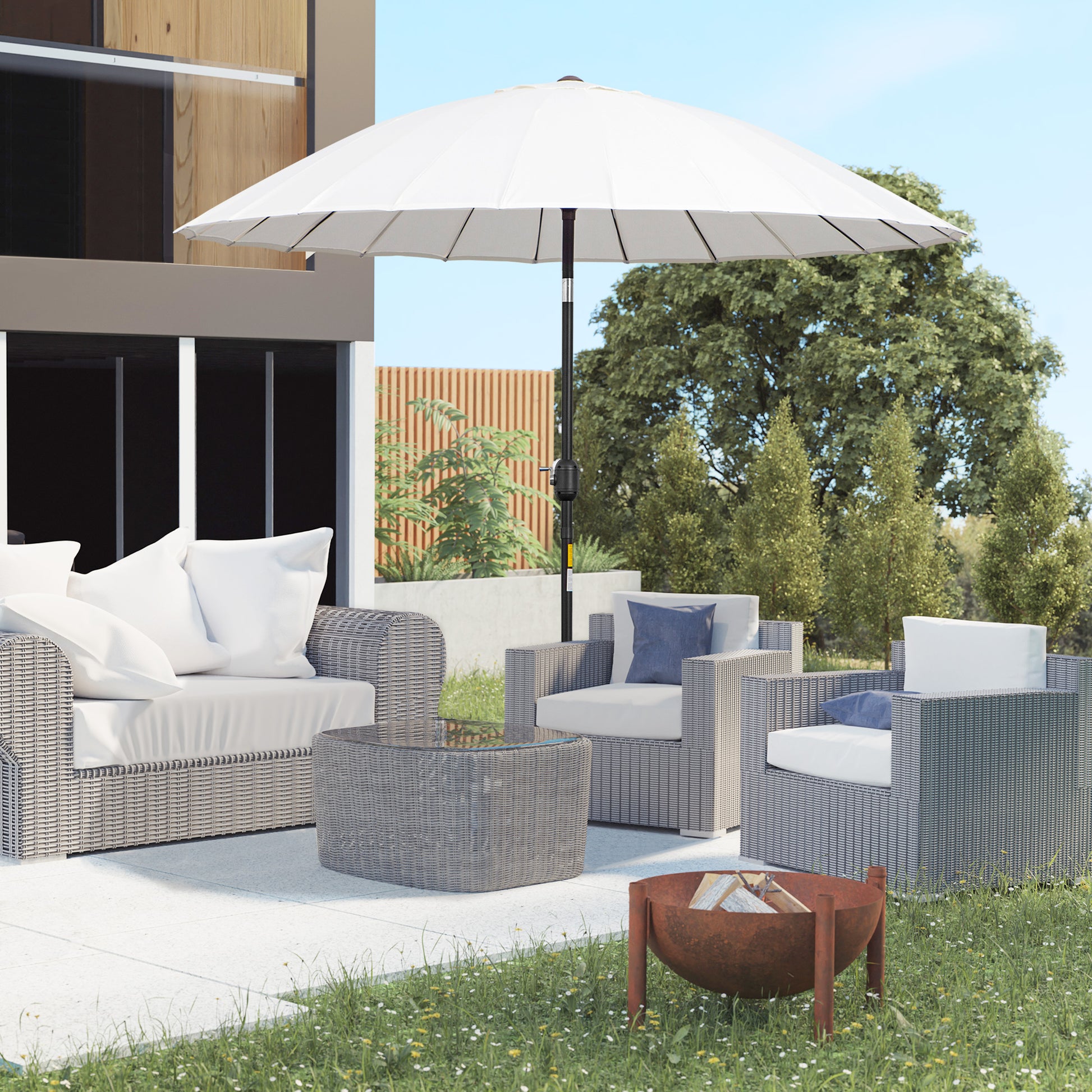 Garden Umbrella Straight Inclinable Round Umbrella with 24 Ribs Crank Aluminum Fiberglass Polyester Diameter 2.60m Cream Color