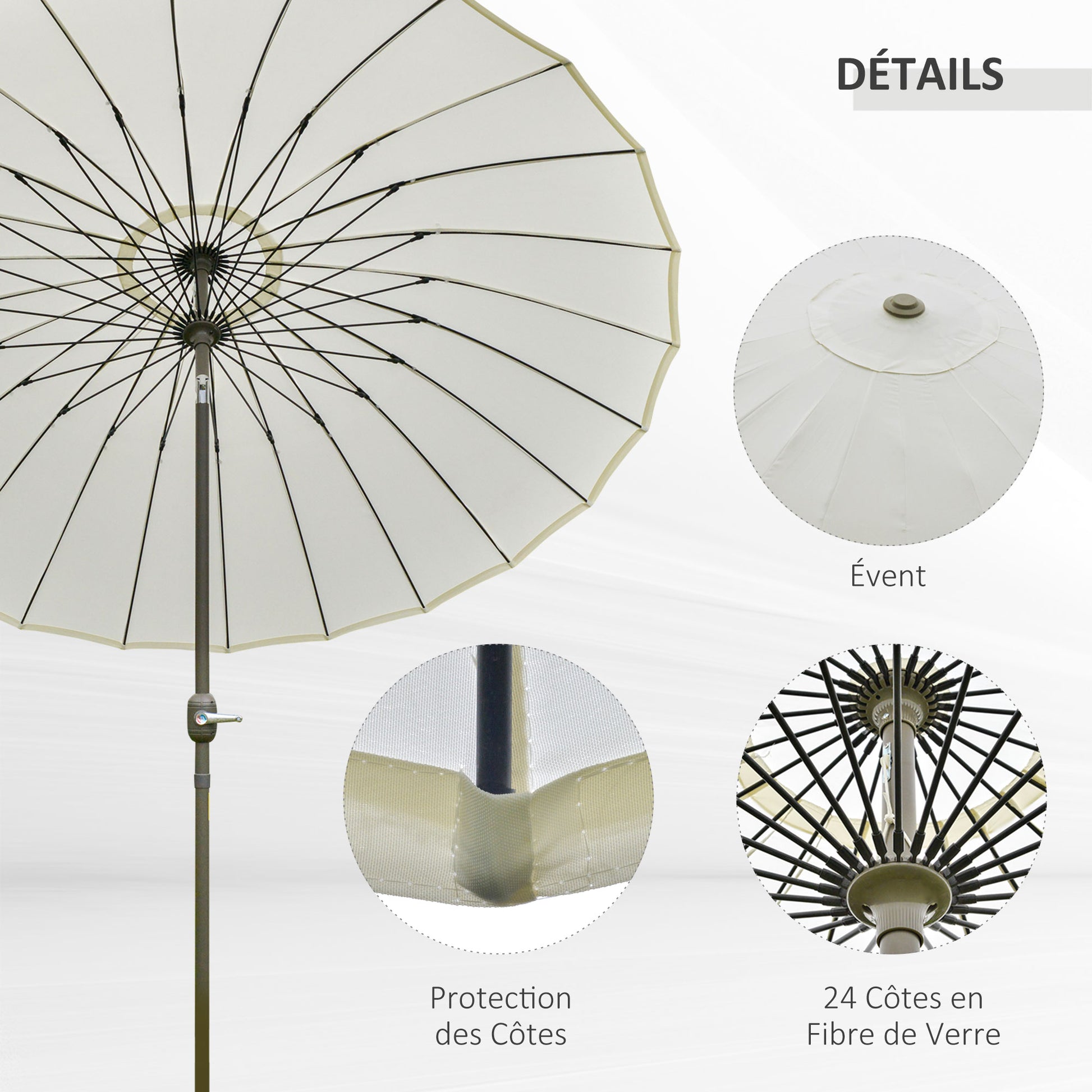 Garden Umbrella Straight Inclinable Round Umbrella with 24 Ribs Crank Aluminum Fiberglass Polyester Diameter 2.60m Cream Color