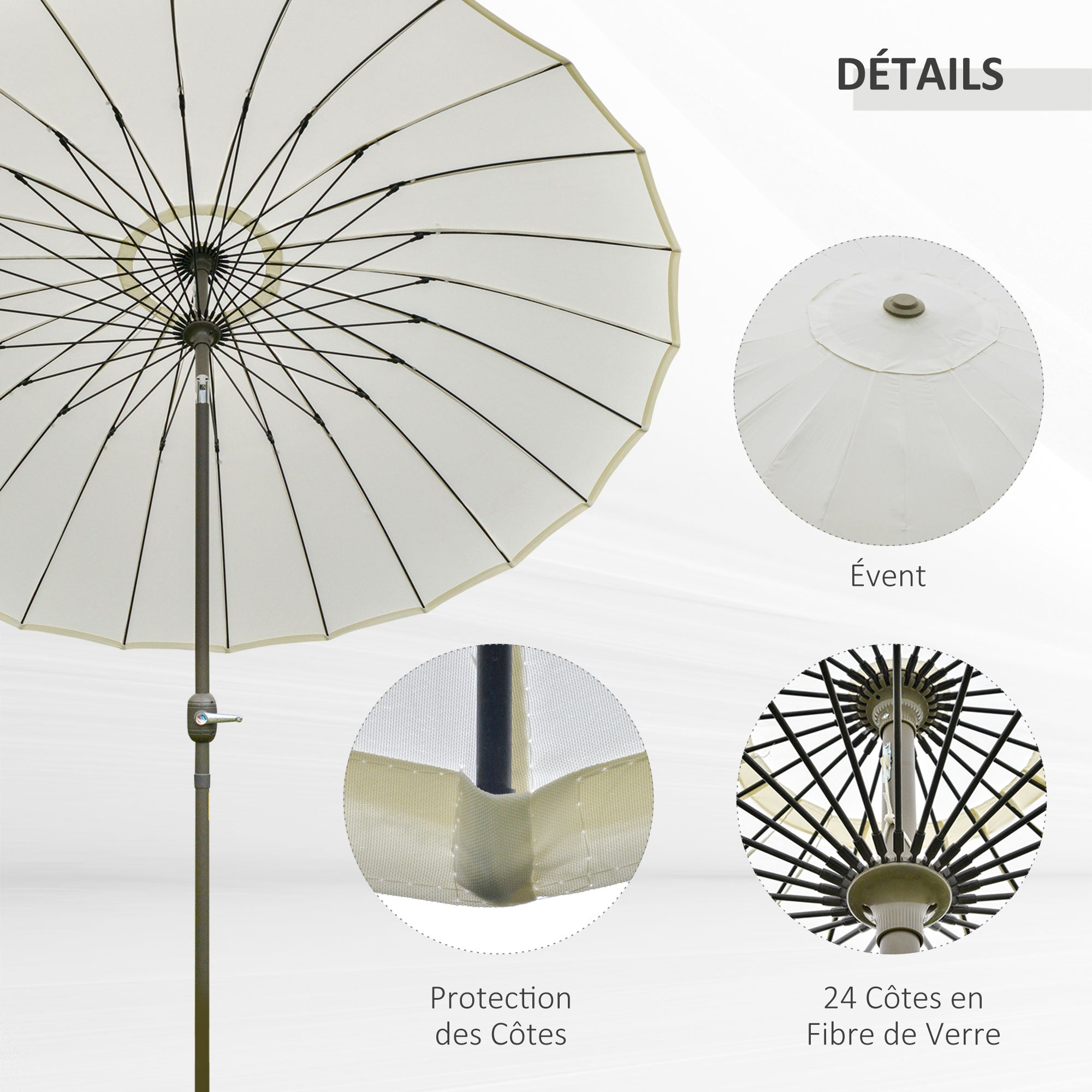Garden Umbrella Straight Inclinable Round Umbrella with 24 Ribs Crank Aluminum Fiberglass Polyester Diameter 2.60m Cream Color