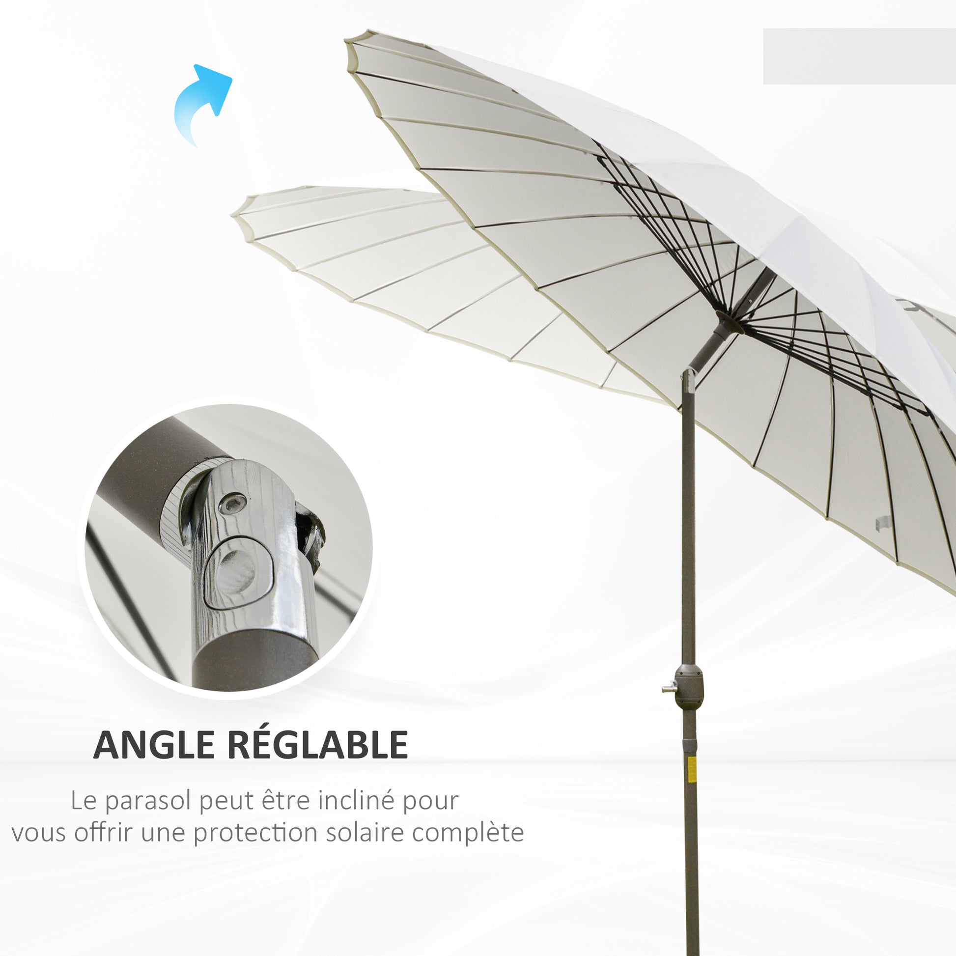 Garden Umbrella Straight Inclinable Round Umbrella with 24 Ribs Crank Aluminum Fiberglass Polyester Diameter 2.60m Cream Color