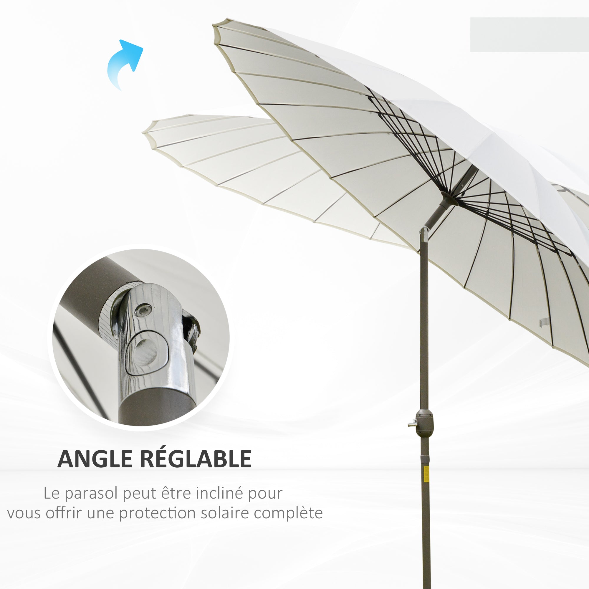 Garden Umbrella Straight Inclinable Round Umbrella with 24 Ribs Crank Aluminum Fiberglass Polyester Diameter 2.60m Cream Color