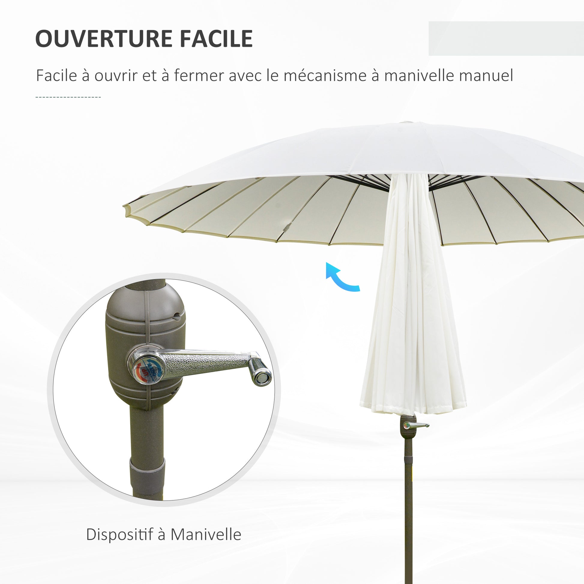Garden Umbrella Straight Inclinable Round Umbrella with 24 Ribs Crank Aluminum Fiberglass Polyester Diameter 2.60m Cream Color