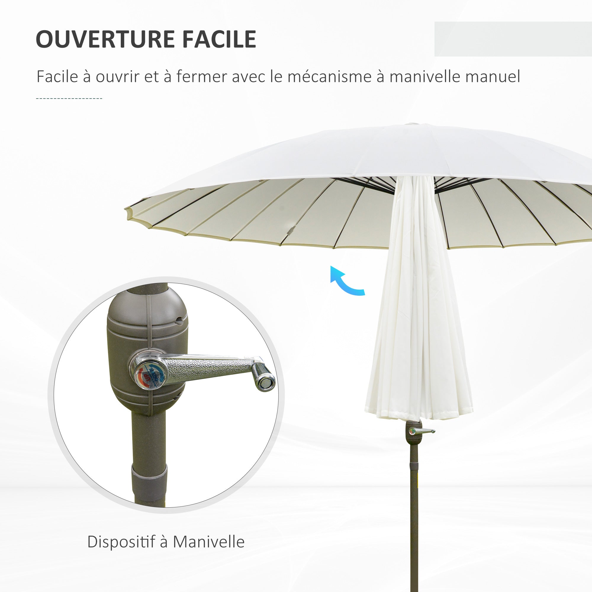 Garden Umbrella Straight Inclinable Round Umbrella with 24 Ribs Crank Aluminum Fiberglass Polyester Diameter 2.60m Cream Color