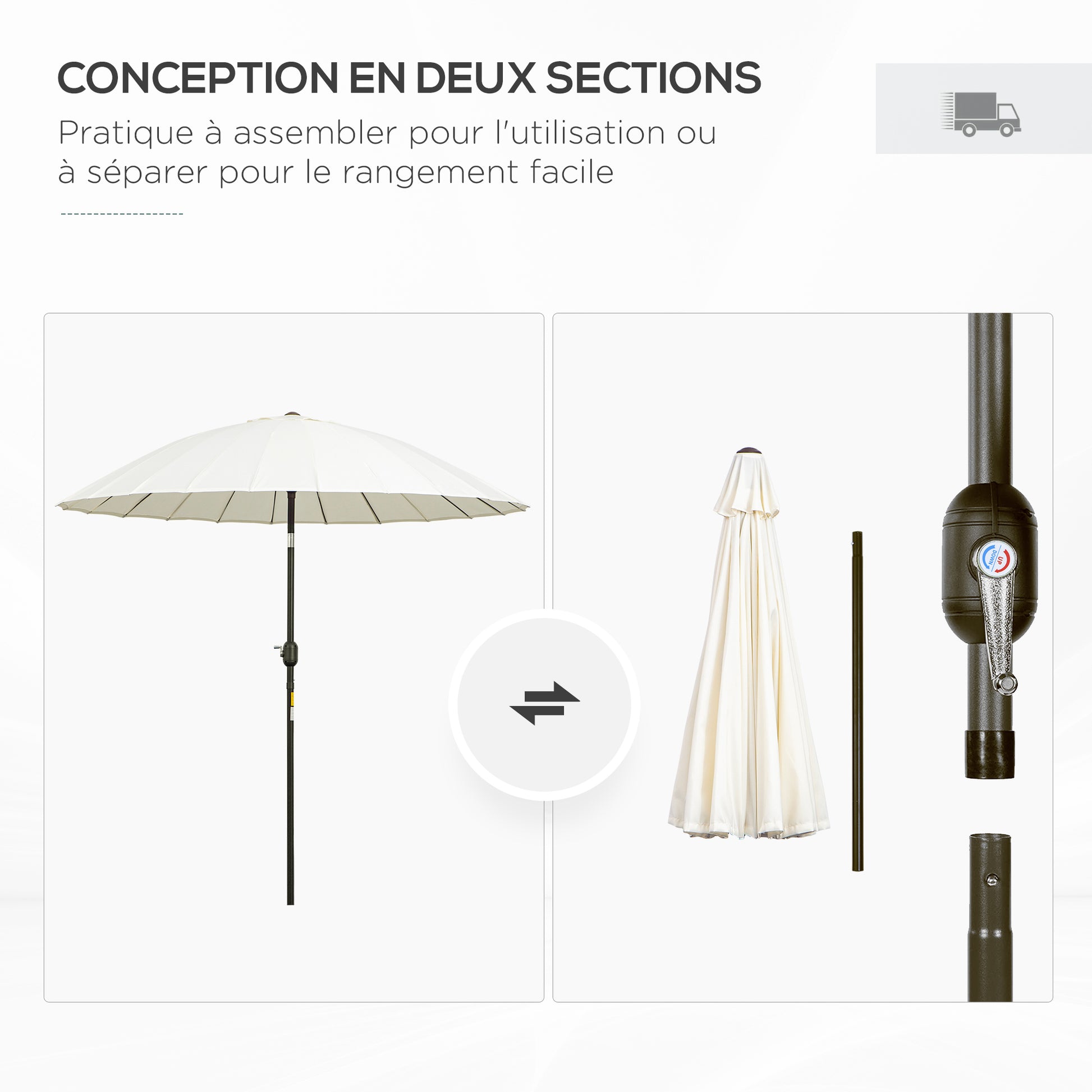 Garden Umbrella Straight Inclinable Round Umbrella with 24 Ribs Crank Aluminum Fiberglass Polyester Diameter 2.60m Cream Color