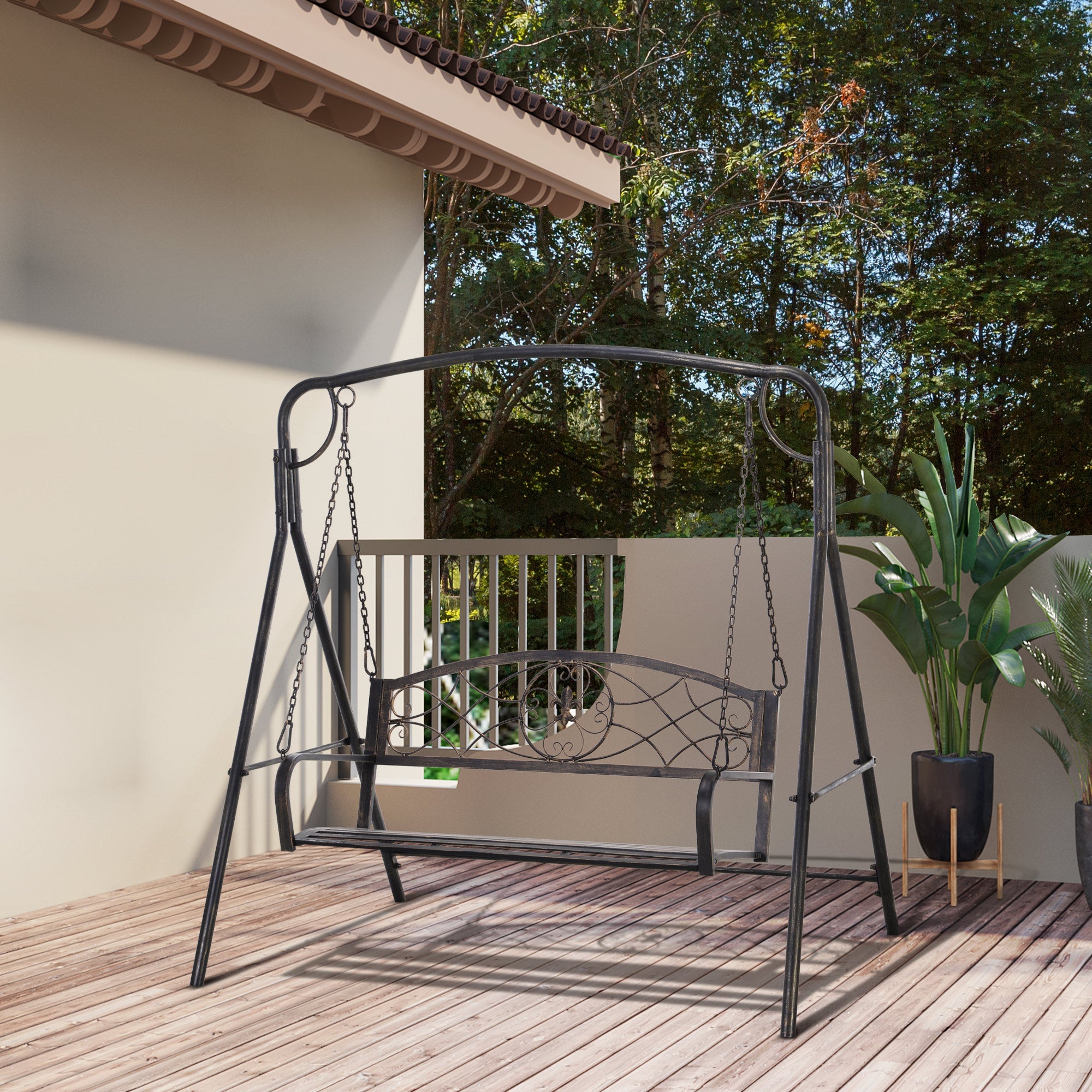 Garden Swing for 2 Persons, Porch Swing, Swing Bench, Metal, Black with Gold Tones, 167 x 123 x 175 cm