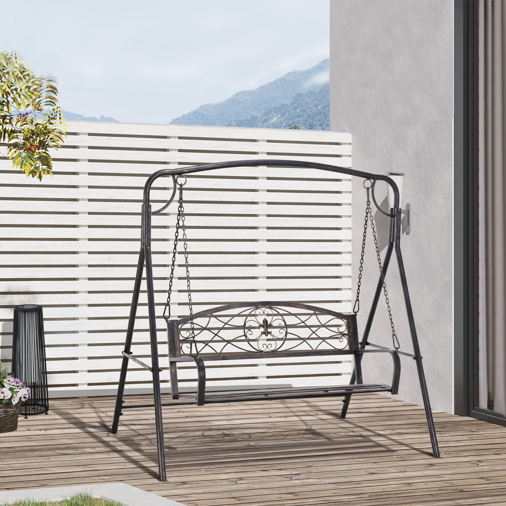 Garden Swing for 2 Persons, Porch Swing, Swing Bench, Metal, Black with Gold Tones, 167 x 123 x 175 cm