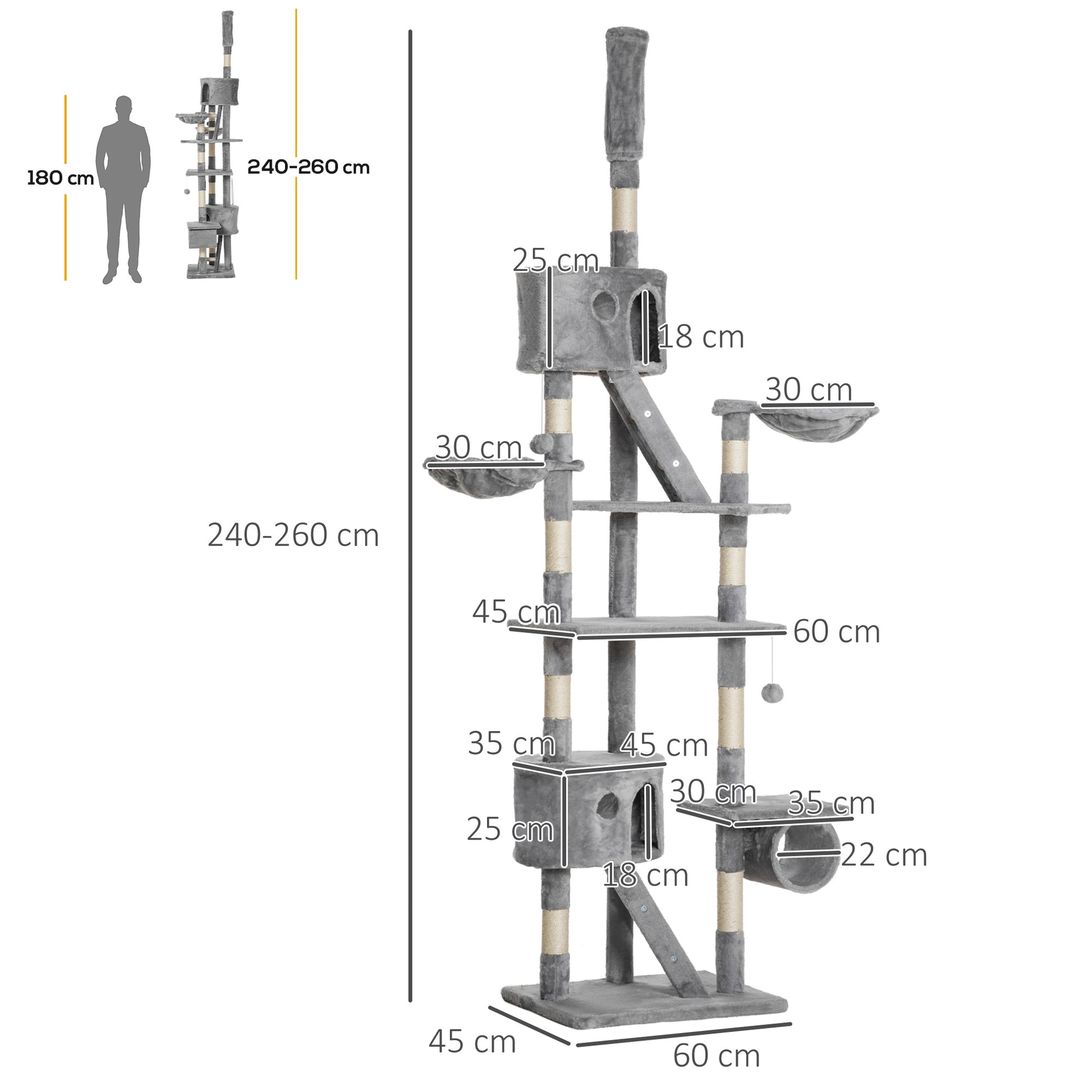 Cat Scratching Tree 240-260 cm Ceiling High Scratching Tree Large Climbing Tree Cat Scratching Post for Large Cats with Sisal Rope Light Gray