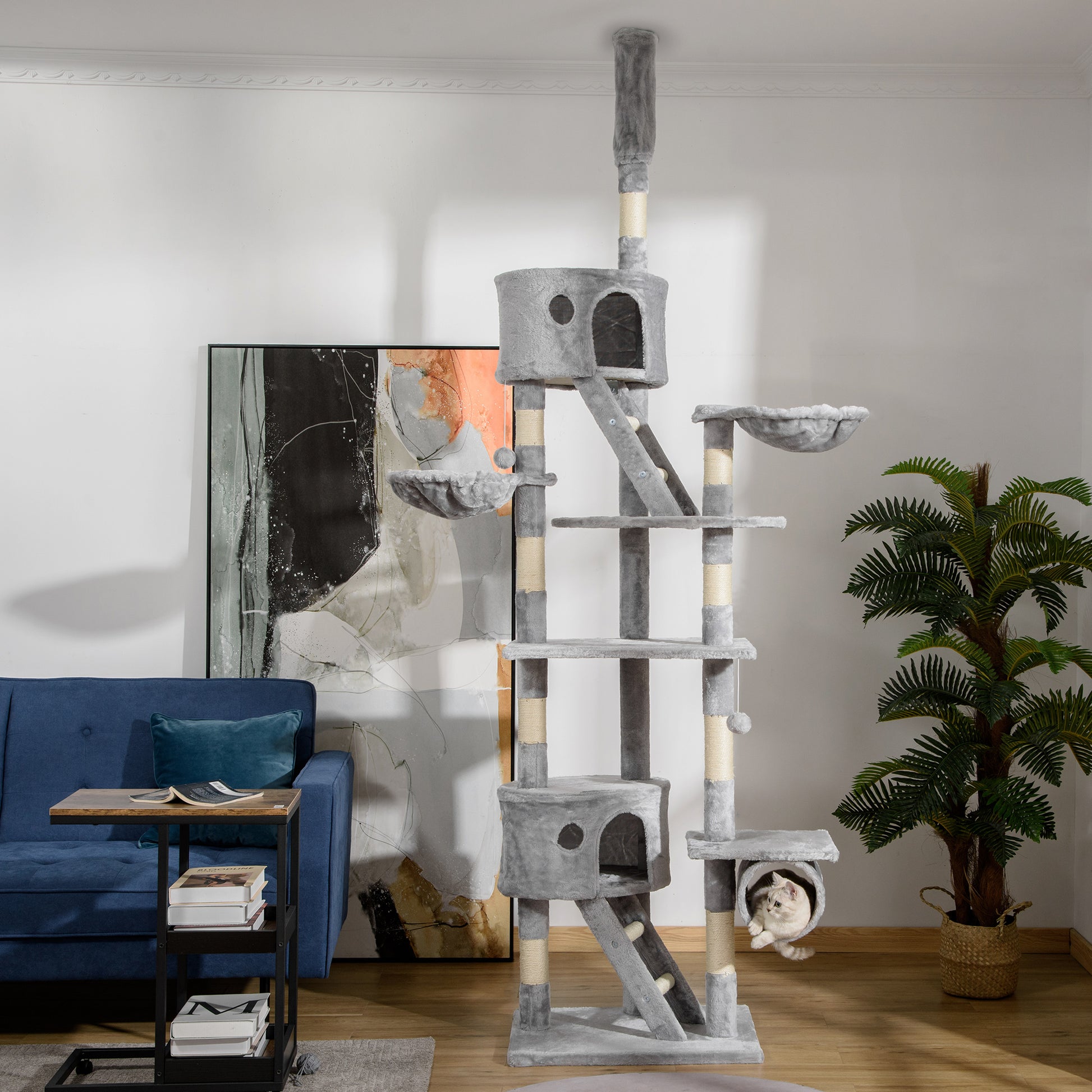 Cat Scratching Tree 240-260 cm Ceiling High Scratching Tree Large Climbing Tree Cat Scratching Post for Large Cats with Sisal Rope Light Gray