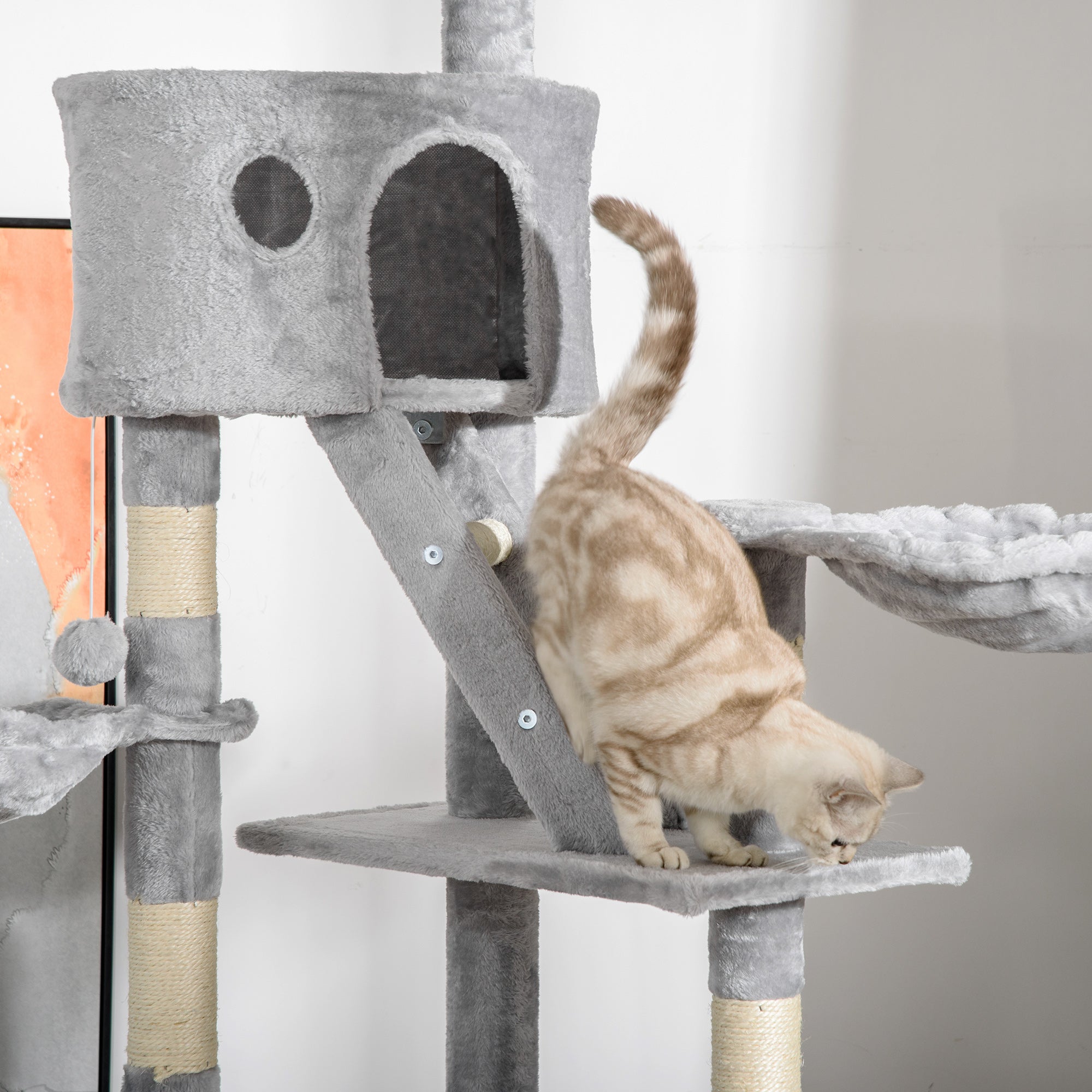 Cat Scratching Tree 240-260 cm Ceiling High Scratching Tree Large Climbing Tree Cat Scratching Post for Large Cats with Sisal Rope Light Gray