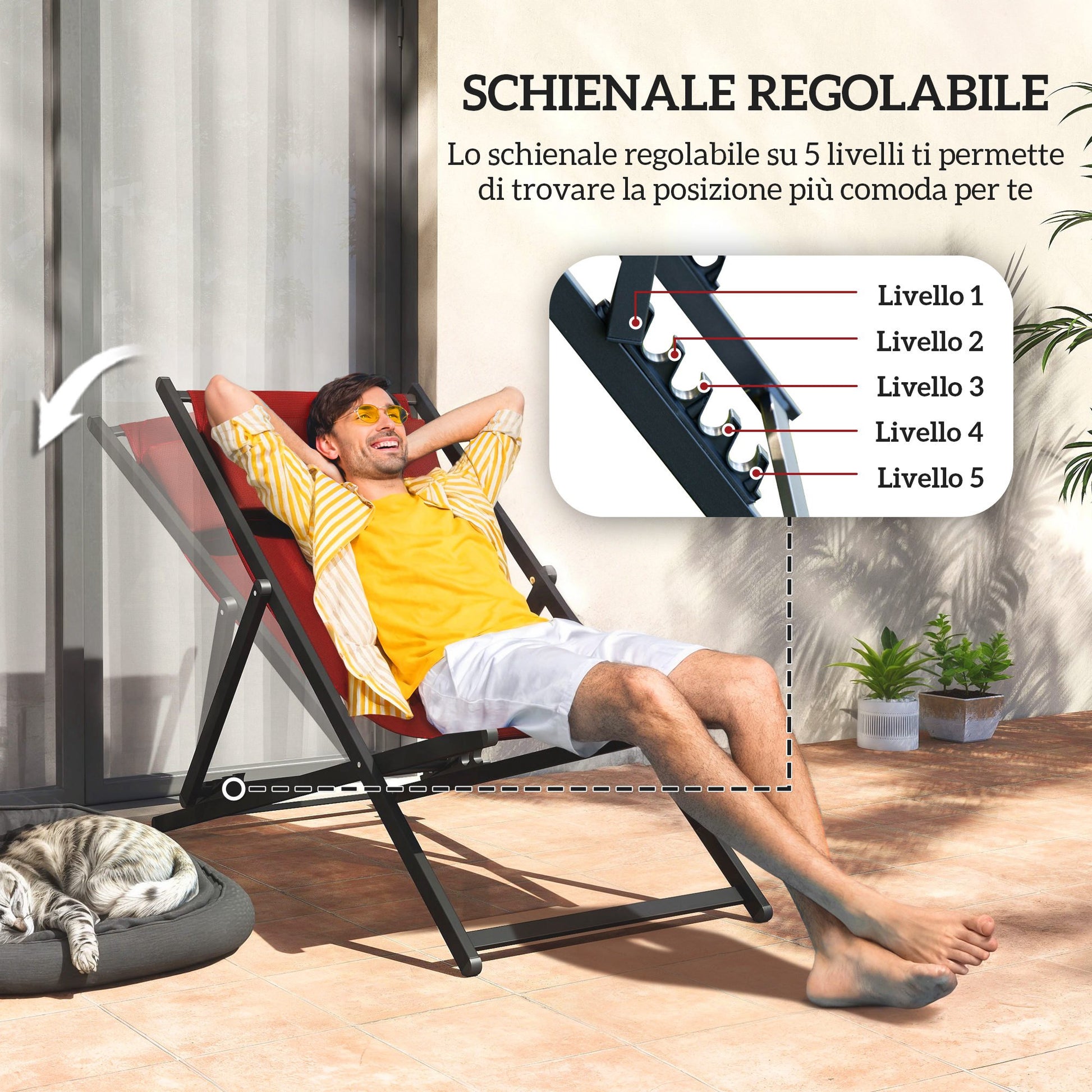 Set of 2 Outdoor Lounge Reclining Chairs, Foldable, Aluminum, 96.5x58x91.5 cm, Red