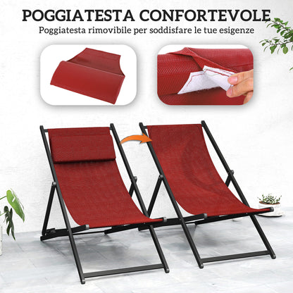 Set of 2 Outdoor Lounge Reclining Chairs, Foldable, Aluminum, 96.5x58x91.5 cm, Red