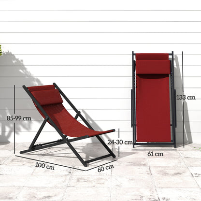 Set of 2 Outdoor Lounge Reclining Chairs, Foldable, Aluminum, 96.5x58x91.5 cm, Red