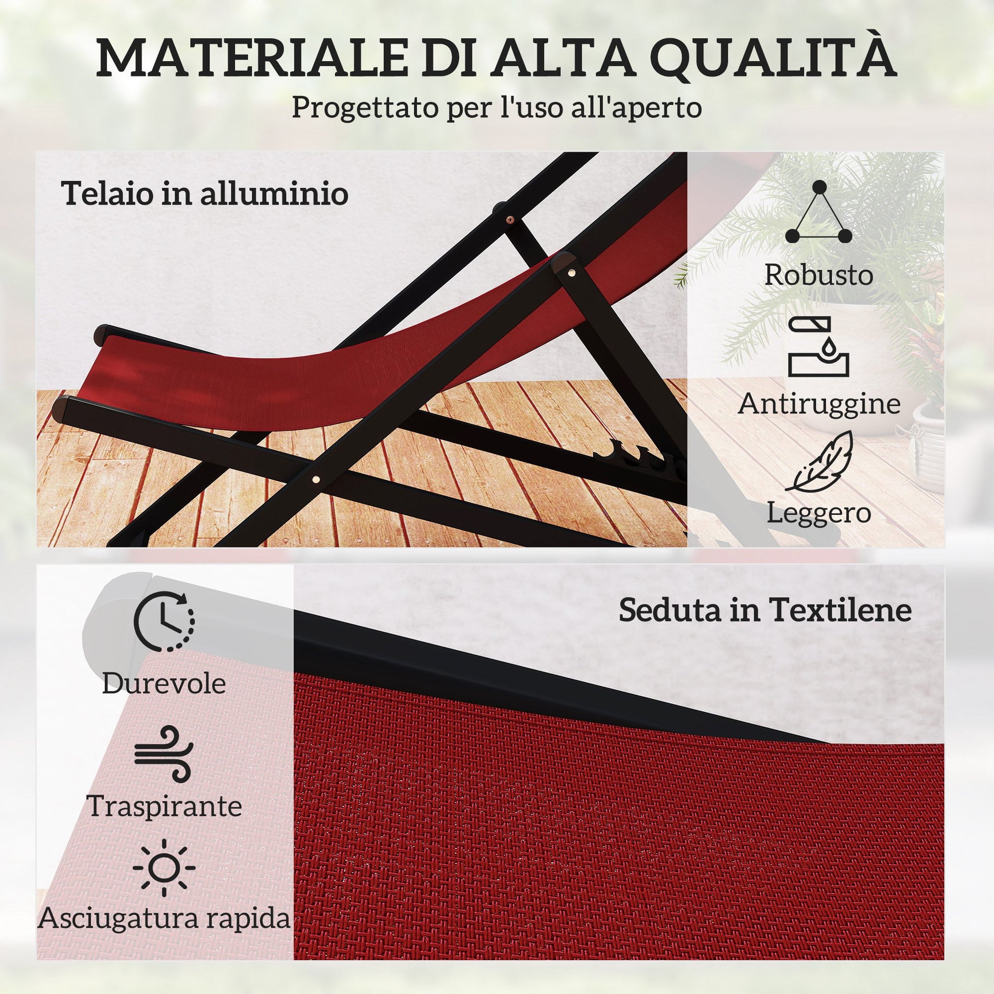 Set of 2 Outdoor Lounge Reclining Chairs, Foldable, Aluminum, 96.5x58x91.5 cm, Red