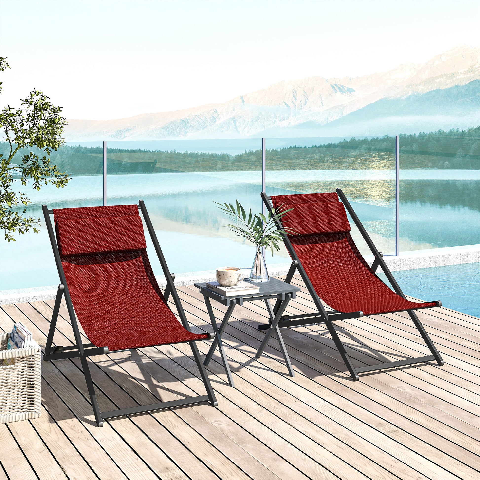 Set of 2 Outdoor Lounge Reclining Chairs, Foldable, Aluminum, 96.5x58x91.5 cm, Red