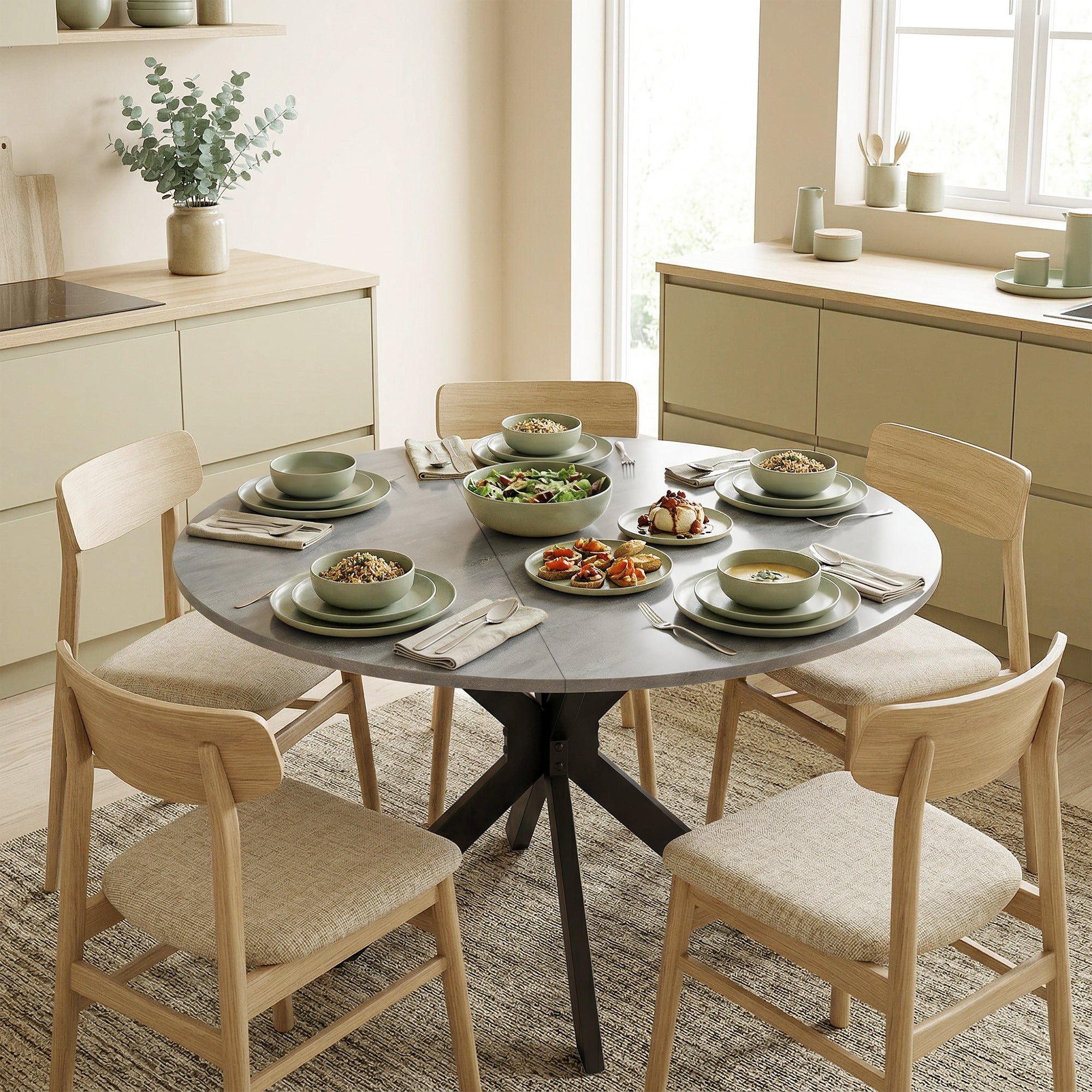 Round Folding Dining Table, Seats 2–6, Steel Spider-Leg Folding Table for Small Spaces, Dining Room, Kitchen, 43.3 x 43.3 x 29.9 in, Cement Gray