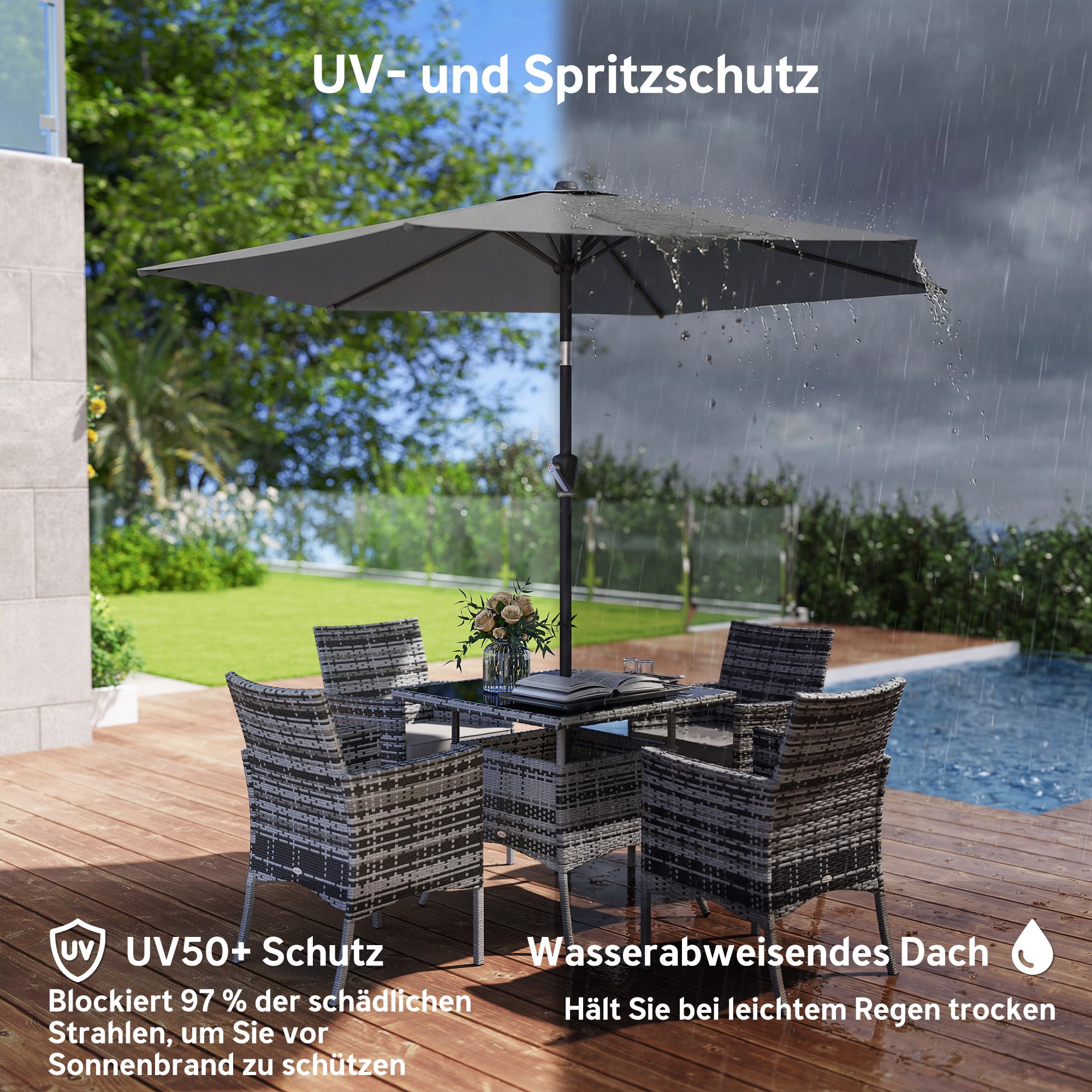 270 cm (8.9 ft) Tilt Patio Umbrella with Crank – UV 50+ Market Parasol, Wind-Resistant Garden/Balcony/Terrace Umbrella, Dark Gray