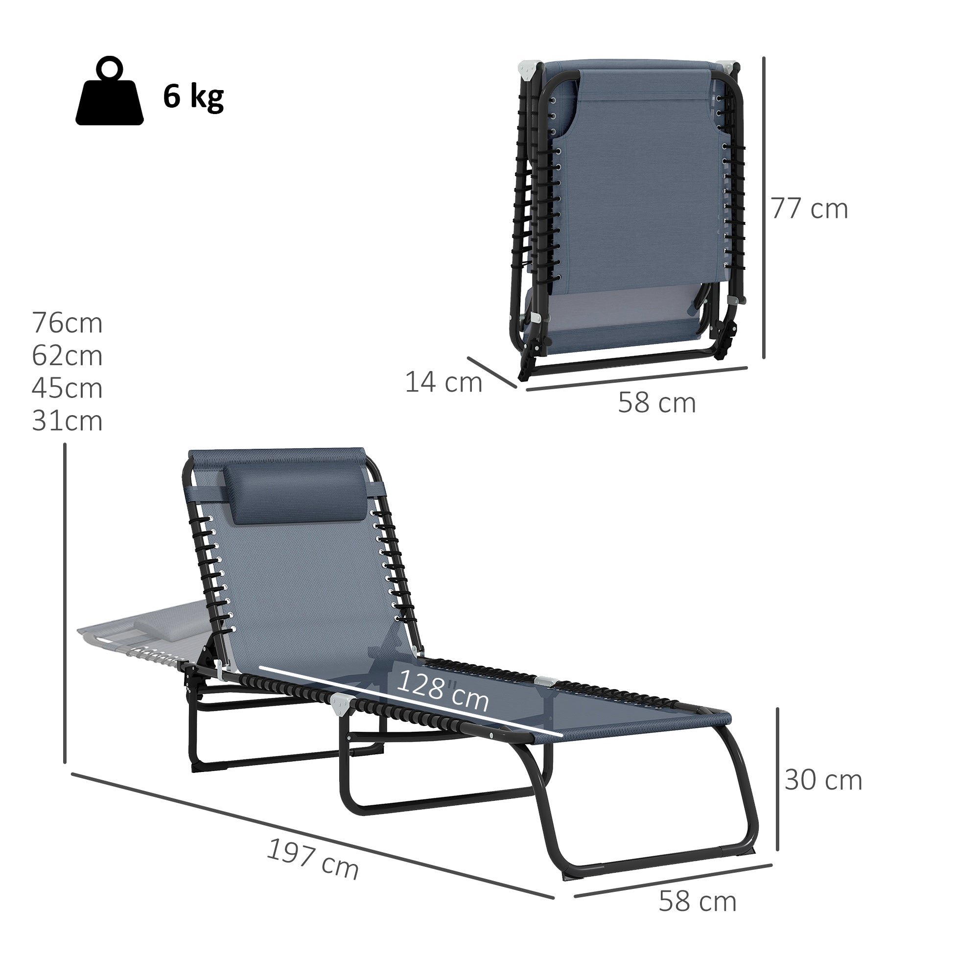 Folding Sun Lounger Garden Lounger, Recliner with 4-Position Adjustable Backrest, Weatherproof Camp Lounger up to 120 kg Load Capacity, for Garden Beach Pool, Gray
