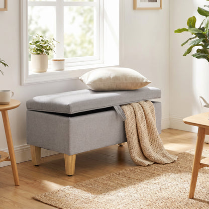 Storage Bench — Linen-Upholstered End-of-Bed Ottoman with Rubberwood Legs, Light Gray, 71 x 37 x 36 cm (28.0 x 14.6 x 14.2 in)