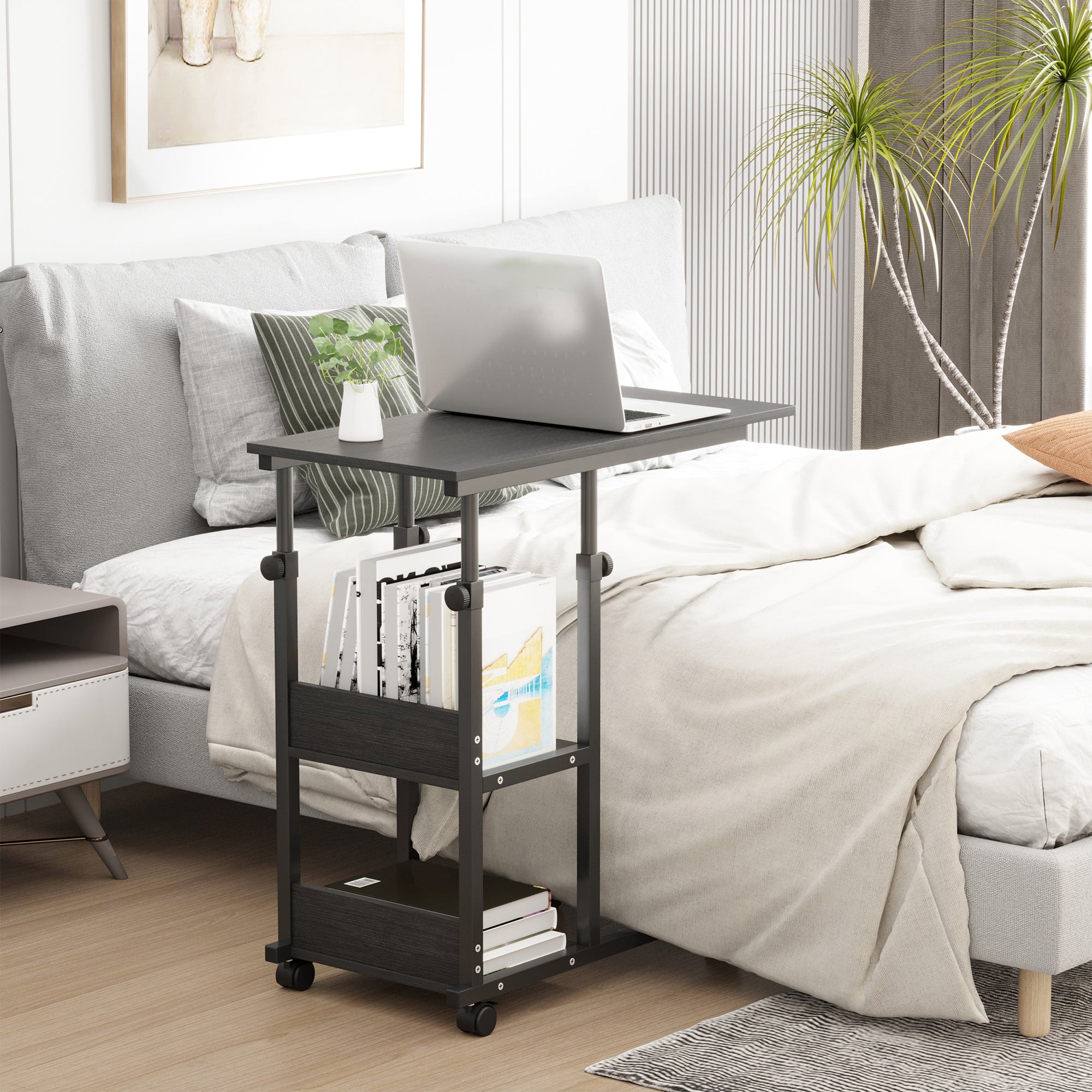 Side Table with Wheels 80x40 cm C-Shaped Sofa Table with Adjustable Height 3 Levels of 72-82 cm Metal Frame for Living Room Kitchen Black