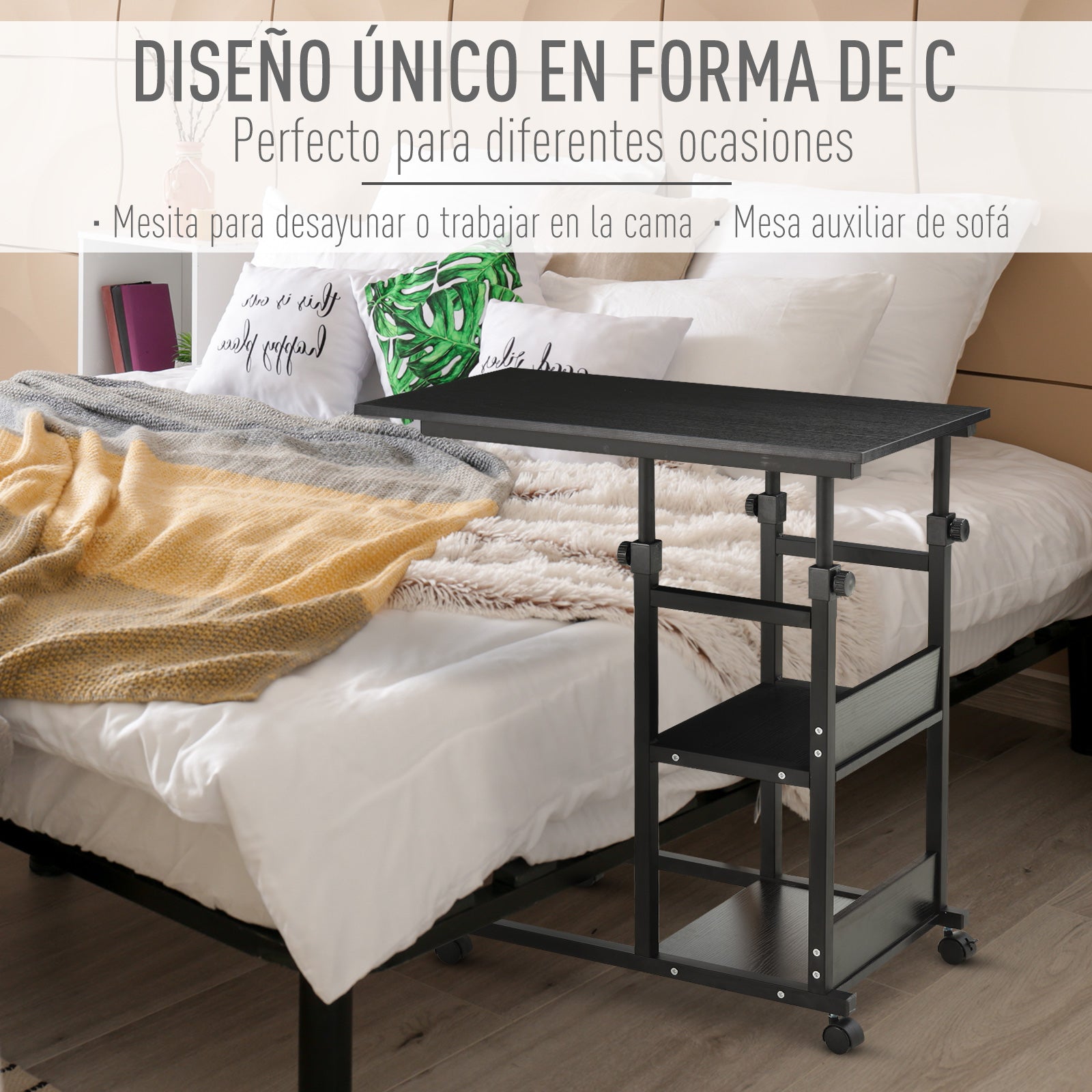 Side Table with Wheels 80x40 cm C-Shaped Sofa Table with Adjustable Height 3 Levels of 72-82 cm Metal Frame for Living Room Kitchen Black