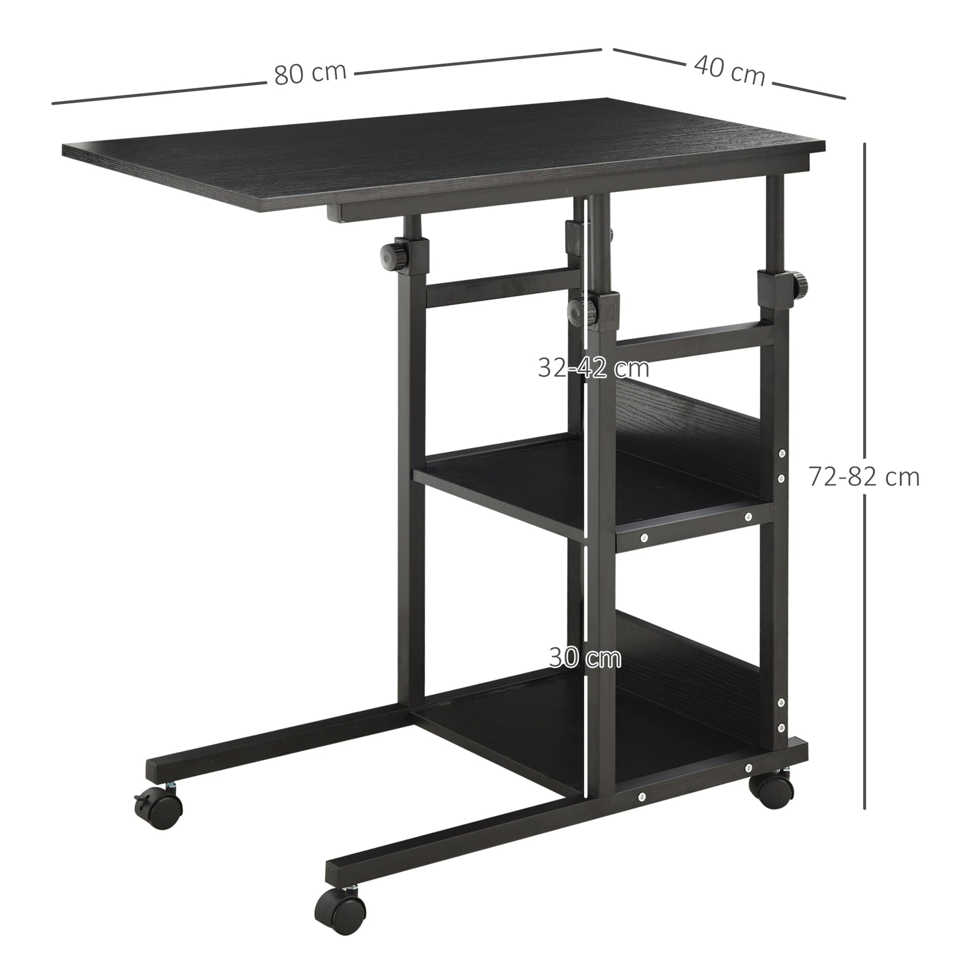 Side Table with Wheels 80x40 cm C-Shaped Sofa Table with Adjustable Height 3 Levels of 72-82 cm Metal Frame for Living Room Kitchen Black