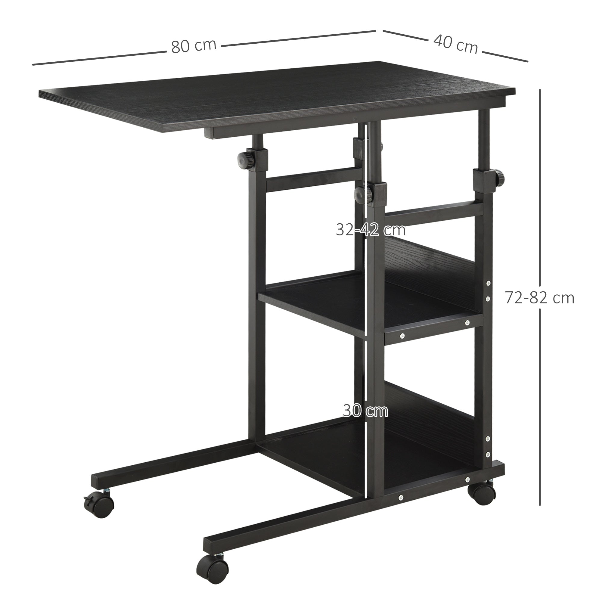 Side Table with Wheels 80x40 cm C-Shaped Sofa Table with Adjustable Height 3 Levels of 72-82 cm Metal Frame for Living Room Kitchen Black