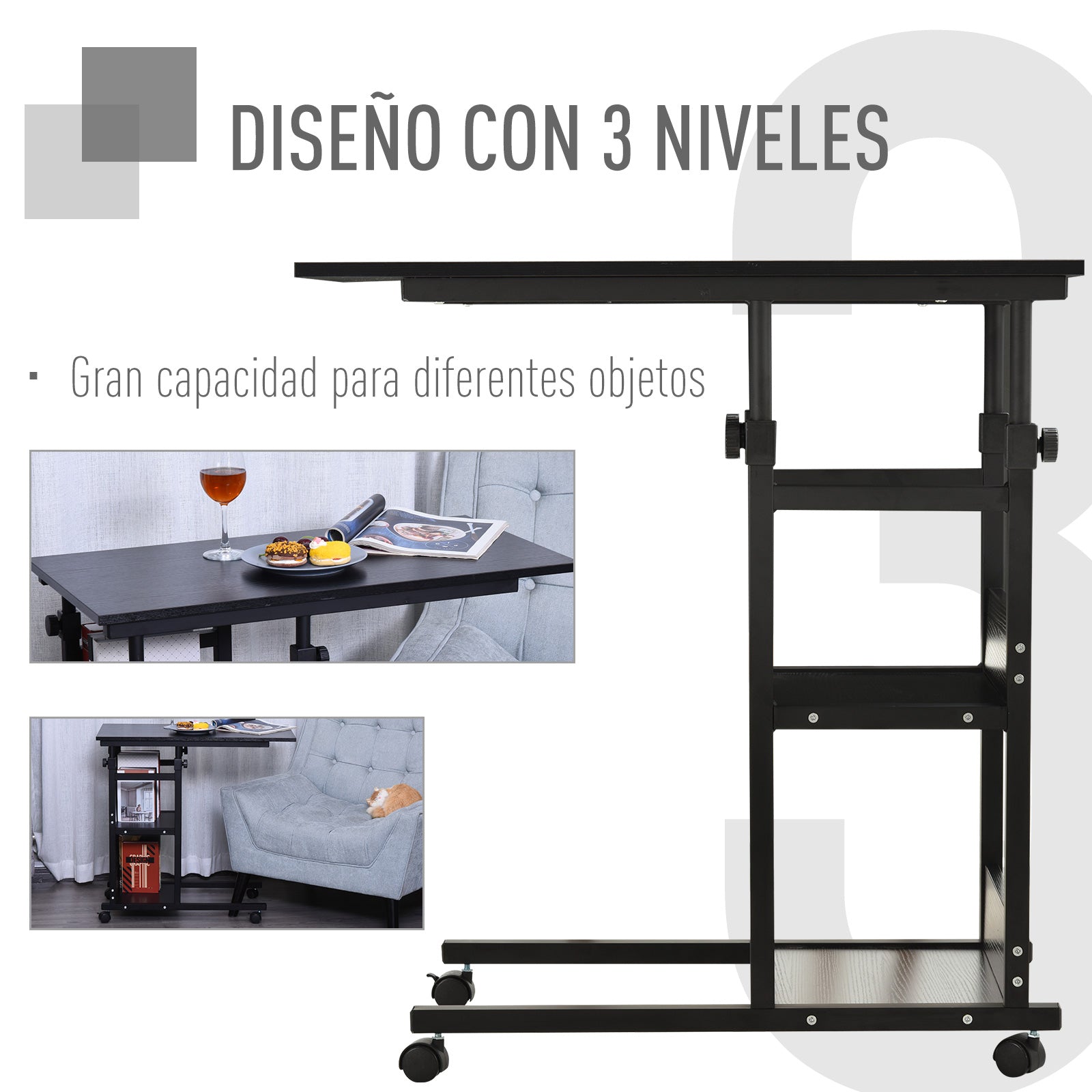 Side Table with Wheels 80x40 cm C-Shaped Sofa Table with Adjustable Height 3 Levels of 72-82 cm Metal Frame for Living Room Kitchen Black