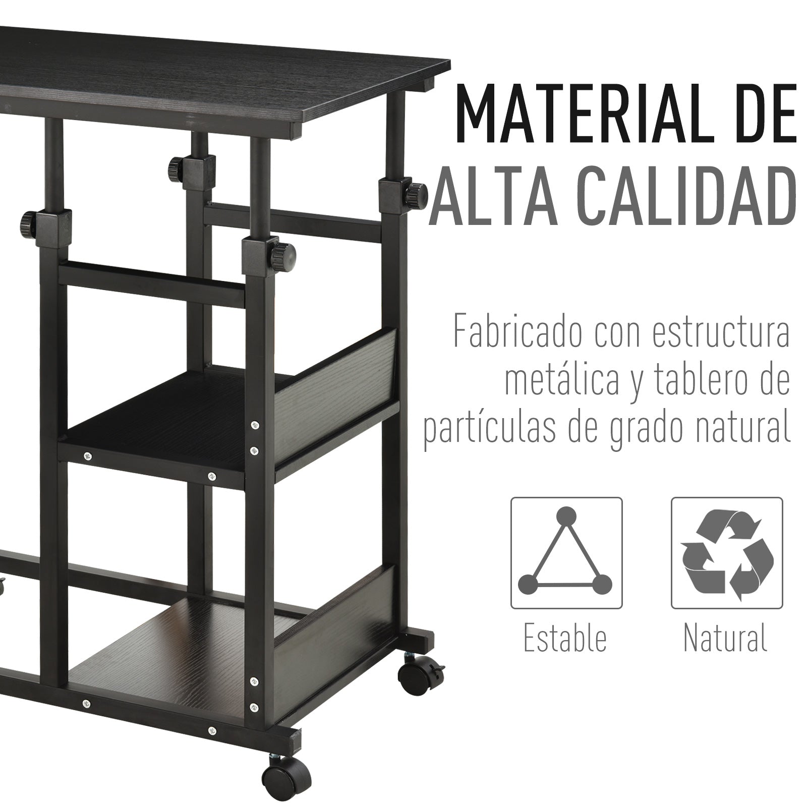 Side Table with Wheels 80x40 cm C-Shaped Sofa Table with Adjustable Height 3 Levels of 72-82 cm Metal Frame for Living Room Kitchen Black