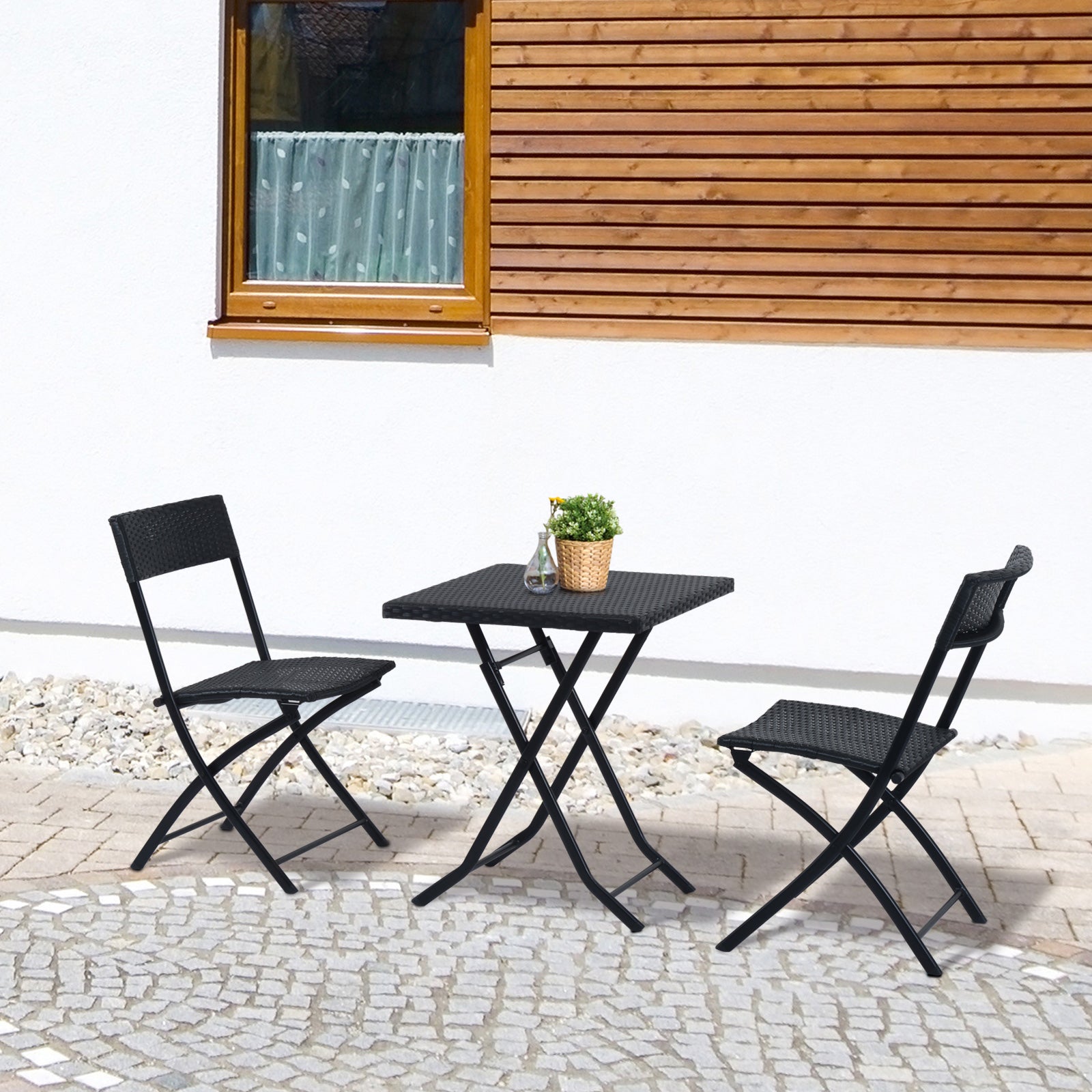 Polyrattan Garden Furniture Set, Outdoor Lounge Balcony Furniture for 2 Persons, 3-piece Seating Group, 2 Chairs, Table, Weatherproof Garden Lounge for Garden, Terrace, Balcony, Black