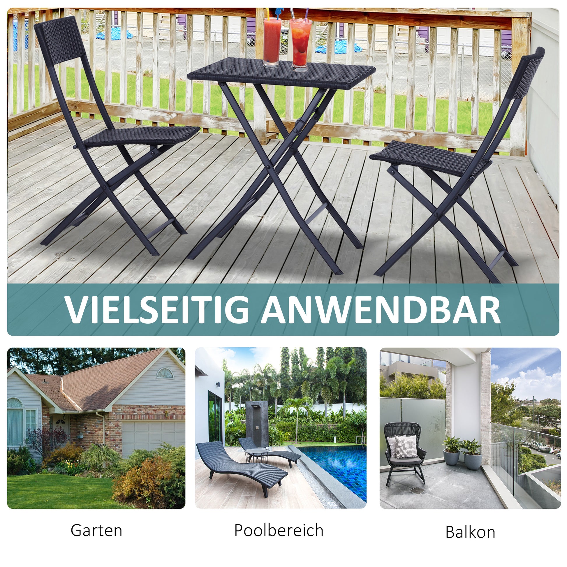 Polyrattan Garden Furniture Set, Outdoor Lounge Balcony Furniture for 2 Persons, 3-piece Seating Group, 2 Chairs, Table, Weatherproof Garden Lounge for Garden, Terrace, Balcony, Black