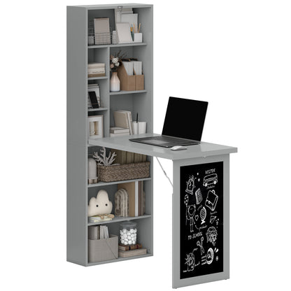 Foldable Computer Desk with Storage, Wall-mounted Foldable Table with Bookshelf, Workstation, Chalkboard, and Adjustable Shelf, Dark Gray
