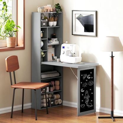 Foldable Computer Desk with Storage, Wall-mounted Foldable Table with Bookshelf, Workstation, Chalkboard, and Adjustable Shelf, Dark Gray