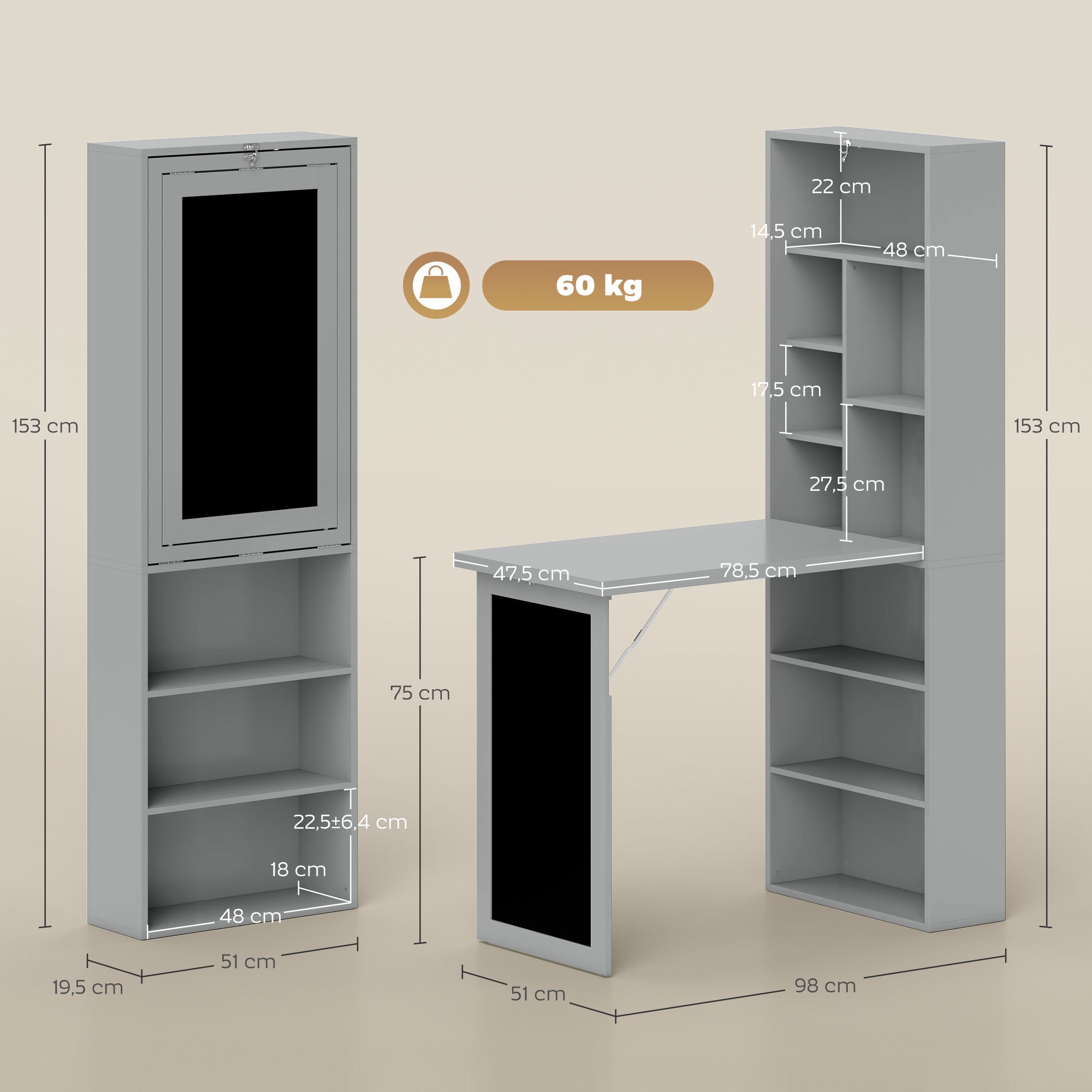 Foldable Computer Desk with Storage, Wall-mounted Foldable Table with Bookshelf, Workstation, Chalkboard, and Adjustable Shelf, Dark Gray