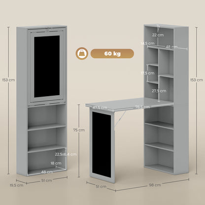 Foldable Computer Desk with Storage, Wall-mounted Foldable Table with Bookshelf, Workstation, Chalkboard, and Adjustable Shelf, Dark Gray