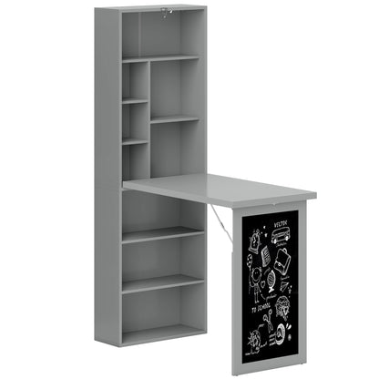 Foldable Computer Desk with Storage, Wall-mounted Foldable Table with Bookshelf, Workstation, Chalkboard, and Adjustable Shelf, Dark Gray