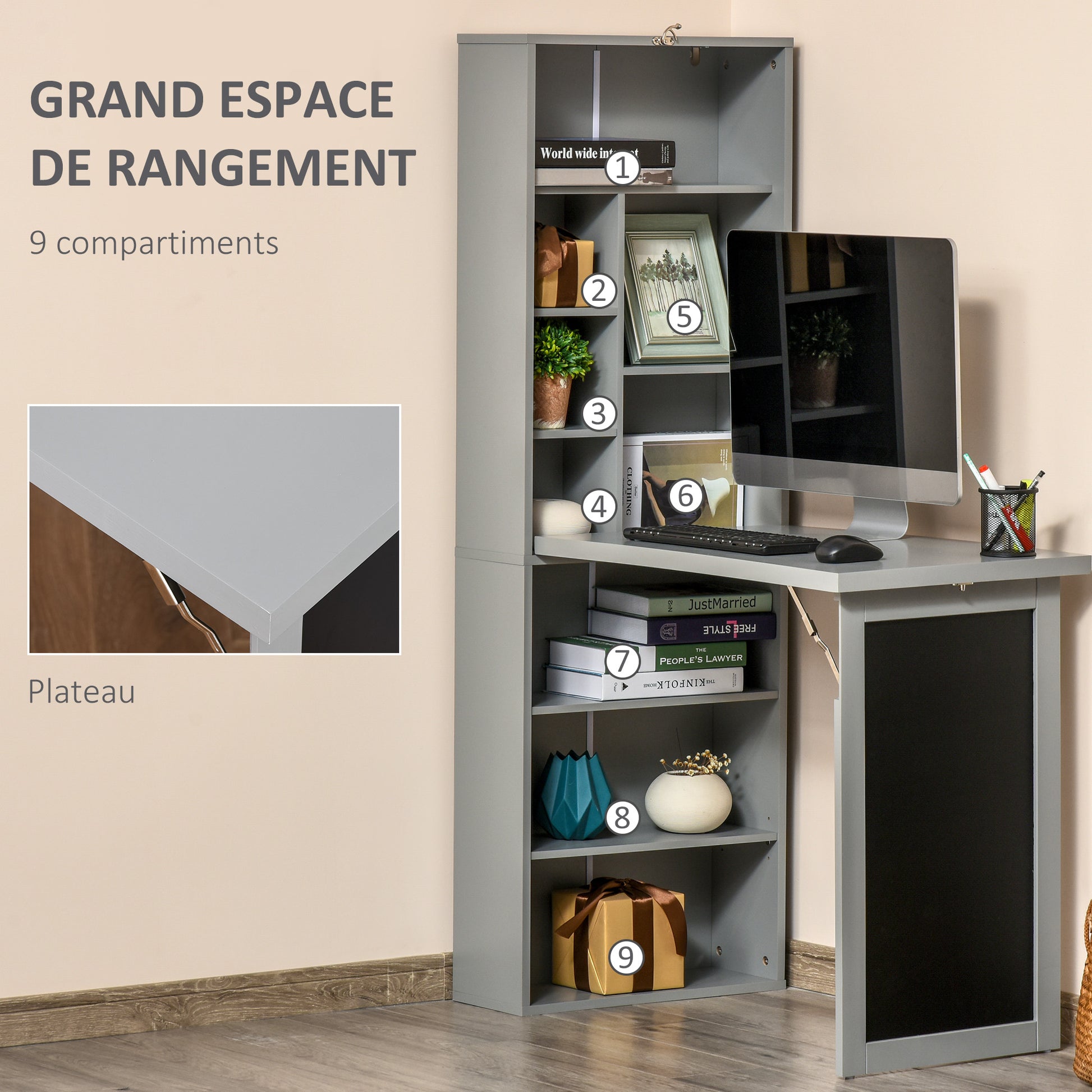 Foldable Computer Desk with Storage, Wall-mounted Foldable Table with Bookshelf, Workstation, Chalkboard, and Adjustable Shelf, Dark Gray
