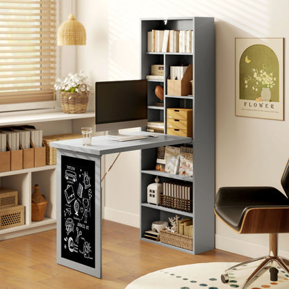 Foldable Computer Desk with Storage, Wall-mounted Foldable Table with Bookshelf, Workstation, Chalkboard, and Adjustable Shelf, Dark Gray