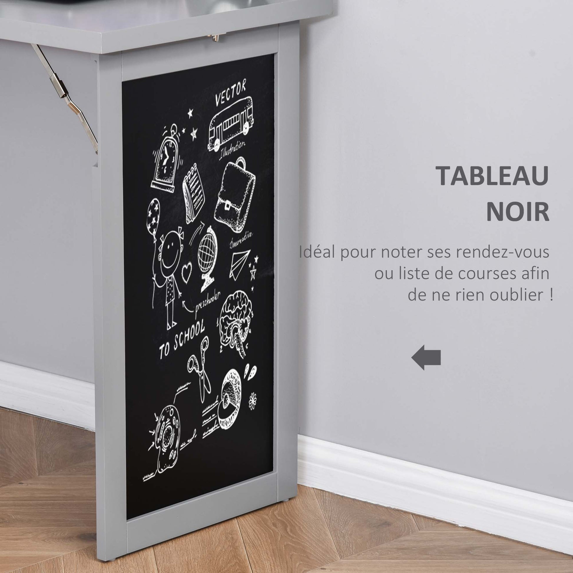 Foldable Computer Desk with Storage, Wall-mounted Foldable Table with Bookshelf, Workstation, Chalkboard, and Adjustable Shelf, Dark Gray